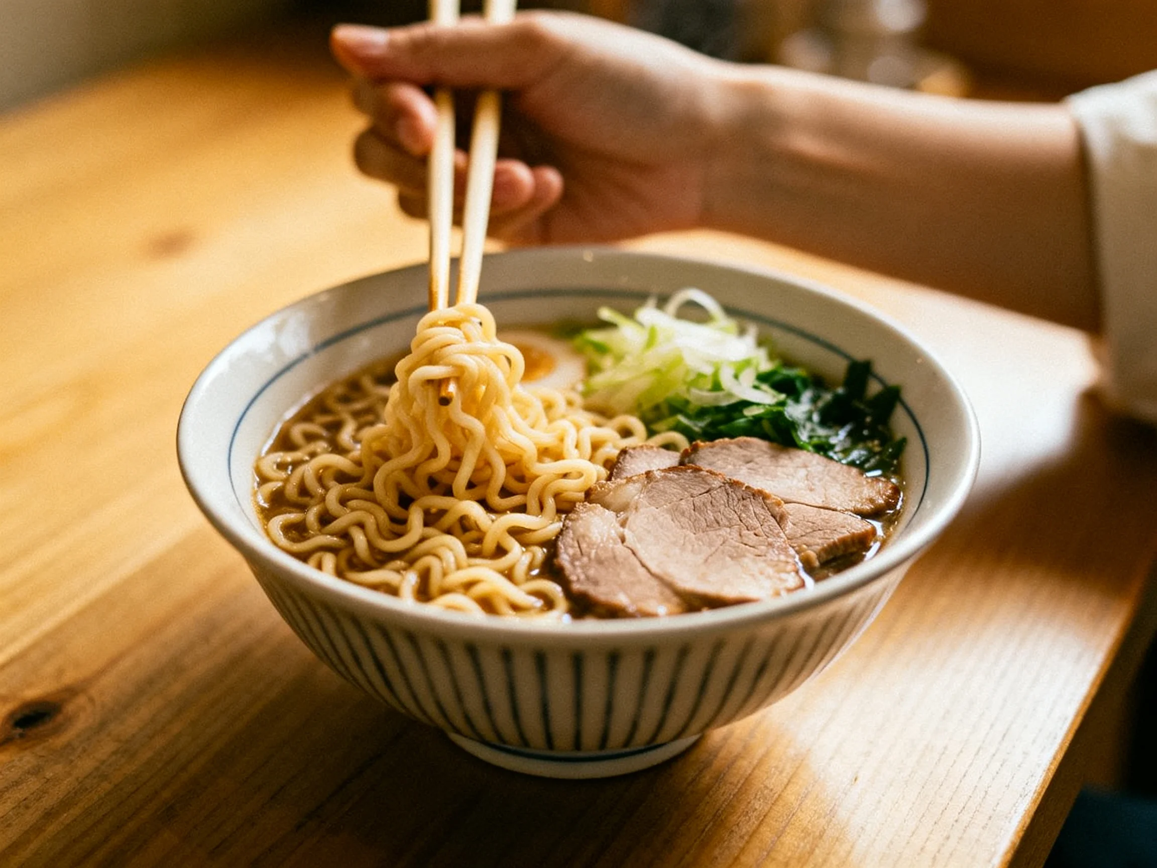 A bowl of steaming ramen with sliced pork and fresh greens