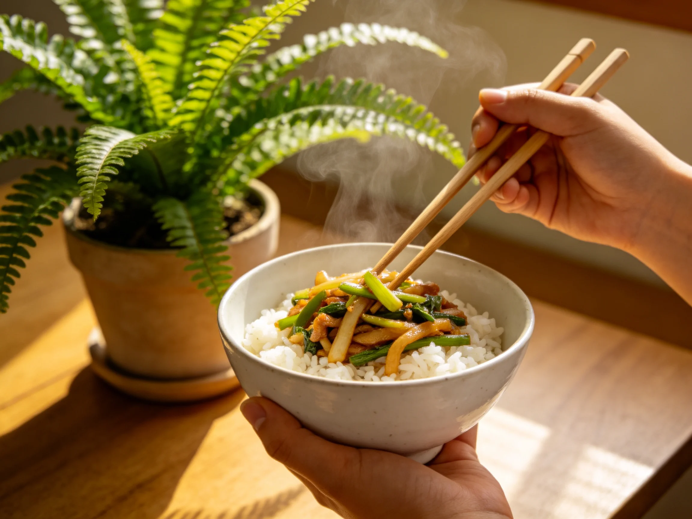 A bowl of steaming rice with stir - fry vegetables near a potted fern