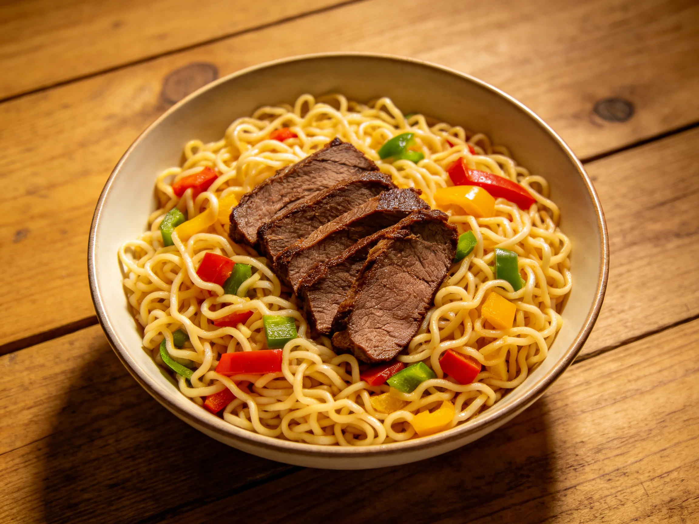 A bowl of stir - fried noodles topped with sliced beef and bell peppers
