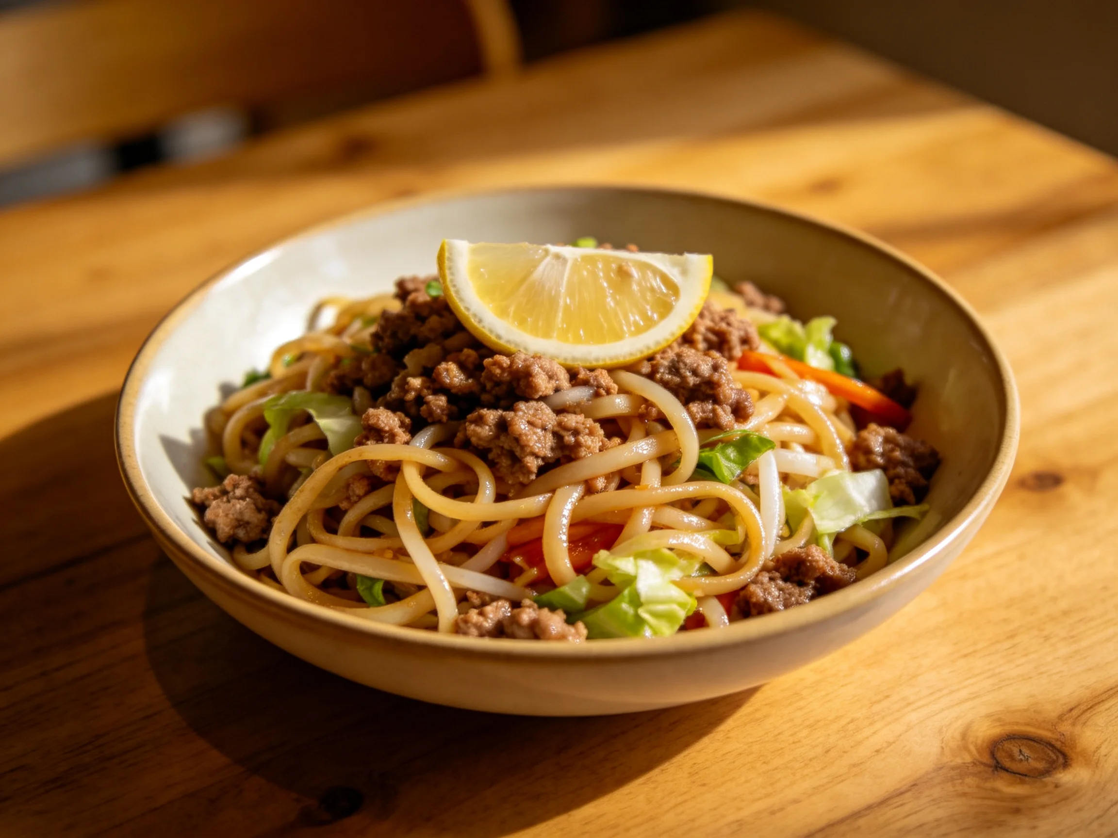 A bowl of stir - fried noodles with ground beef, vegetables, and lemon