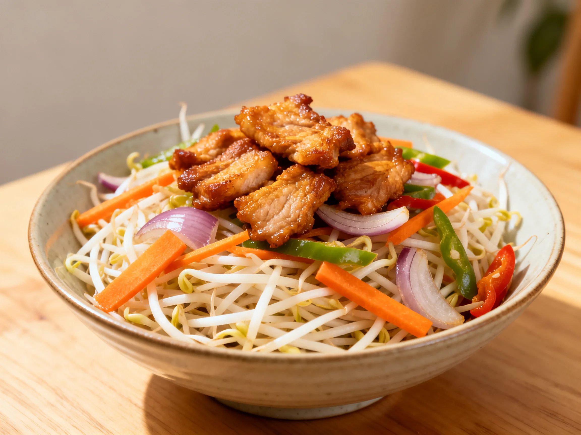 A bowl of stir - fried vegetables and crispy pork with colorful veggies