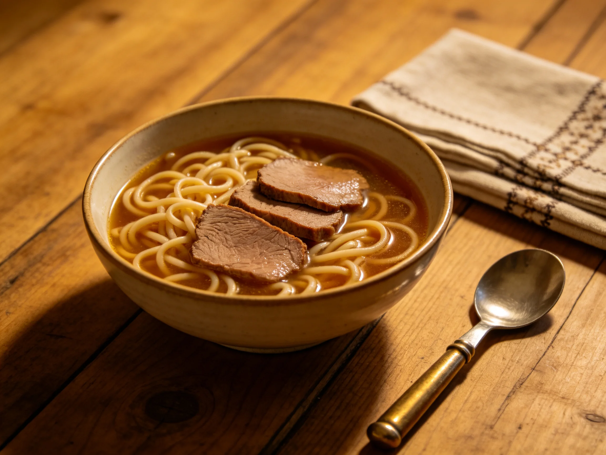 A bowl of thick noodles with sliced beef on a wooden table