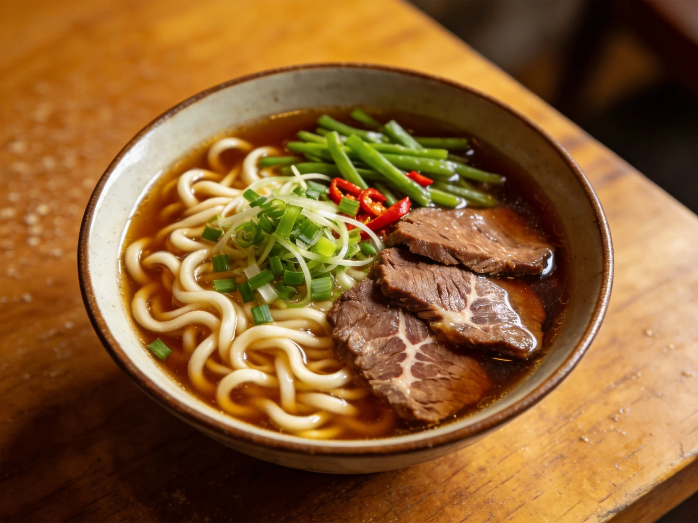 A bowl of thick udon noodles with sliced beef, green beans, and scallions in a rich broth