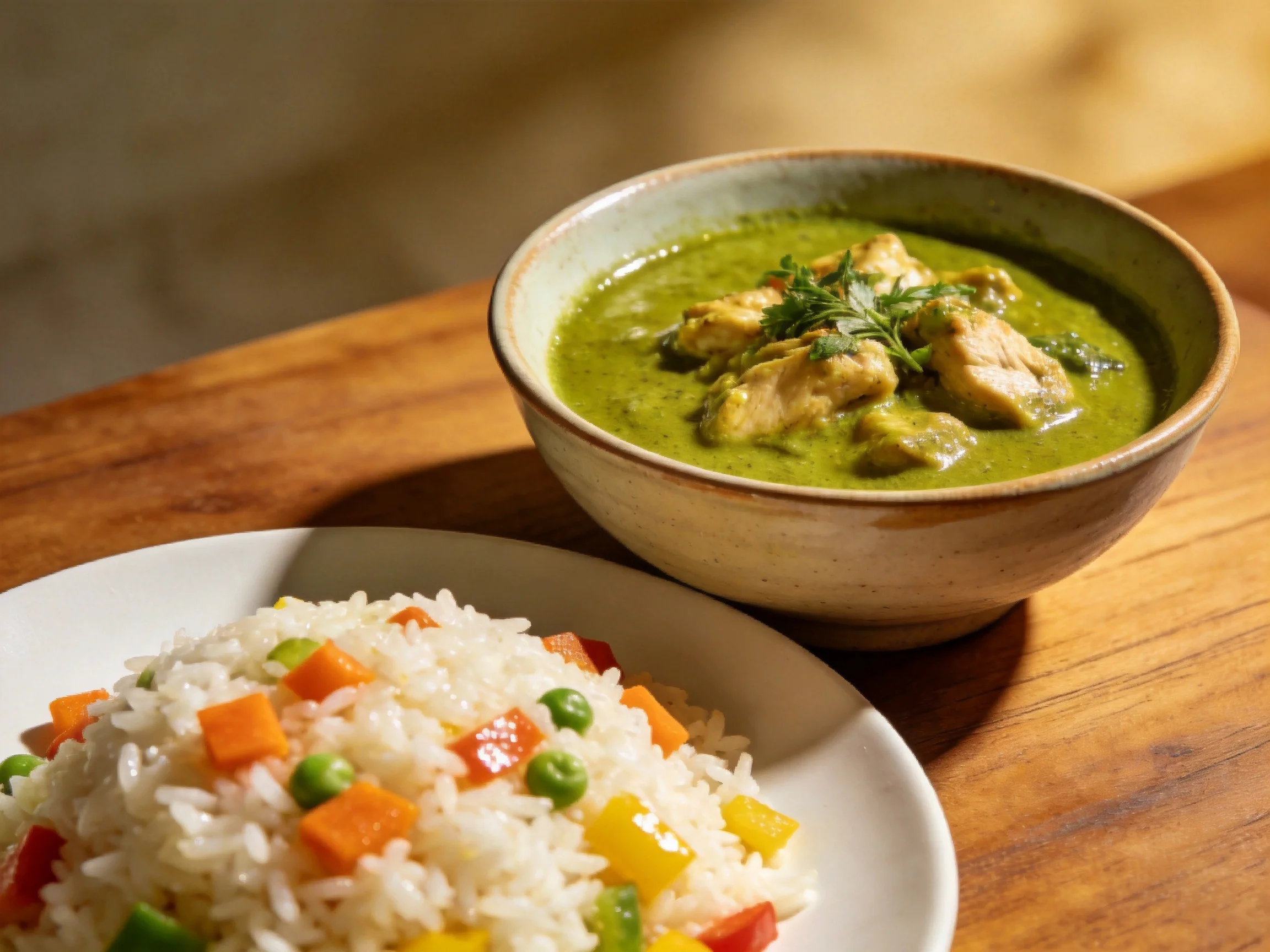 A bowl of vibrant green curry beside colorful vegetable rice