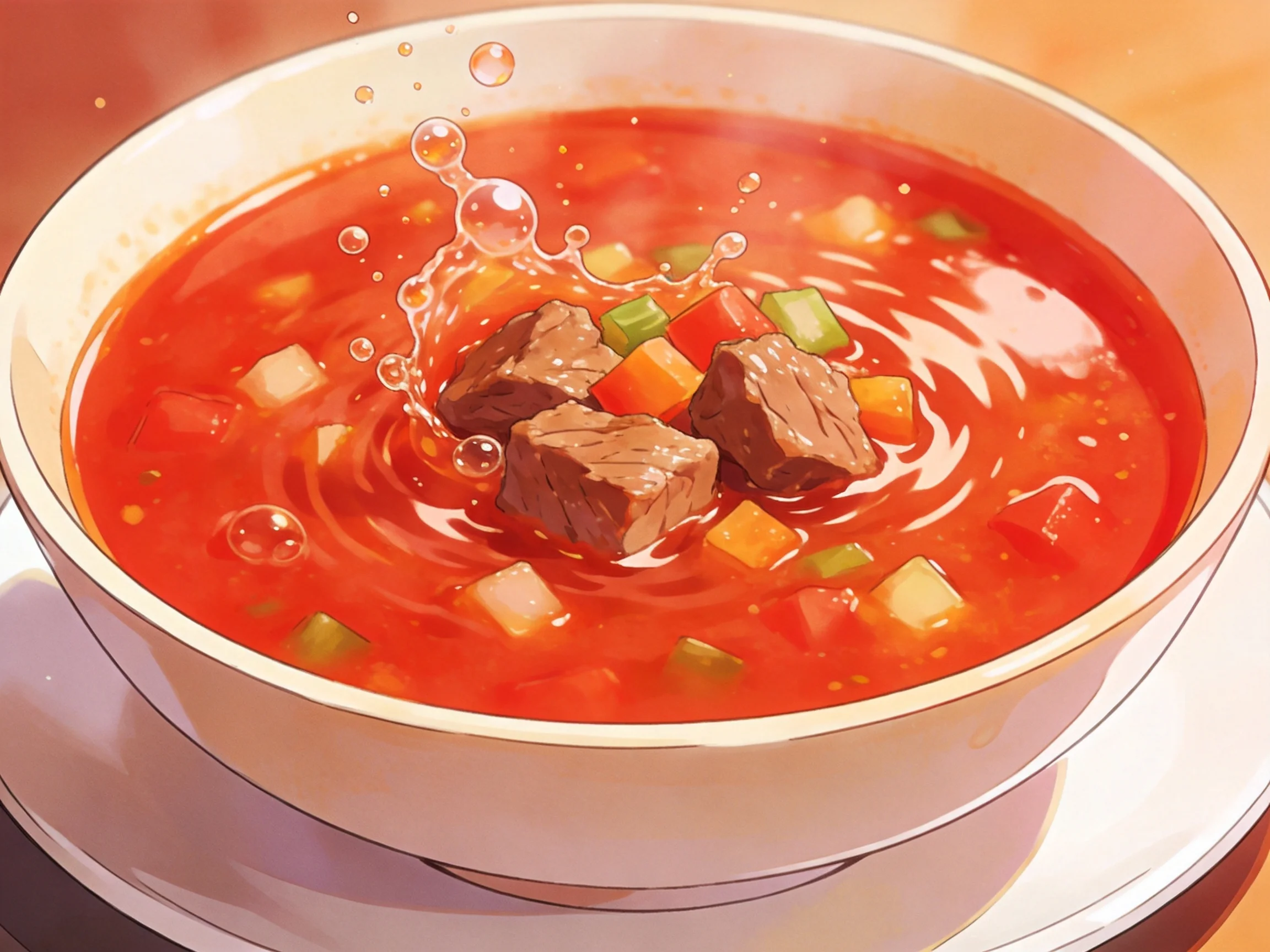 A bowl of vibrant red soup with meat cubes and colorful veggies