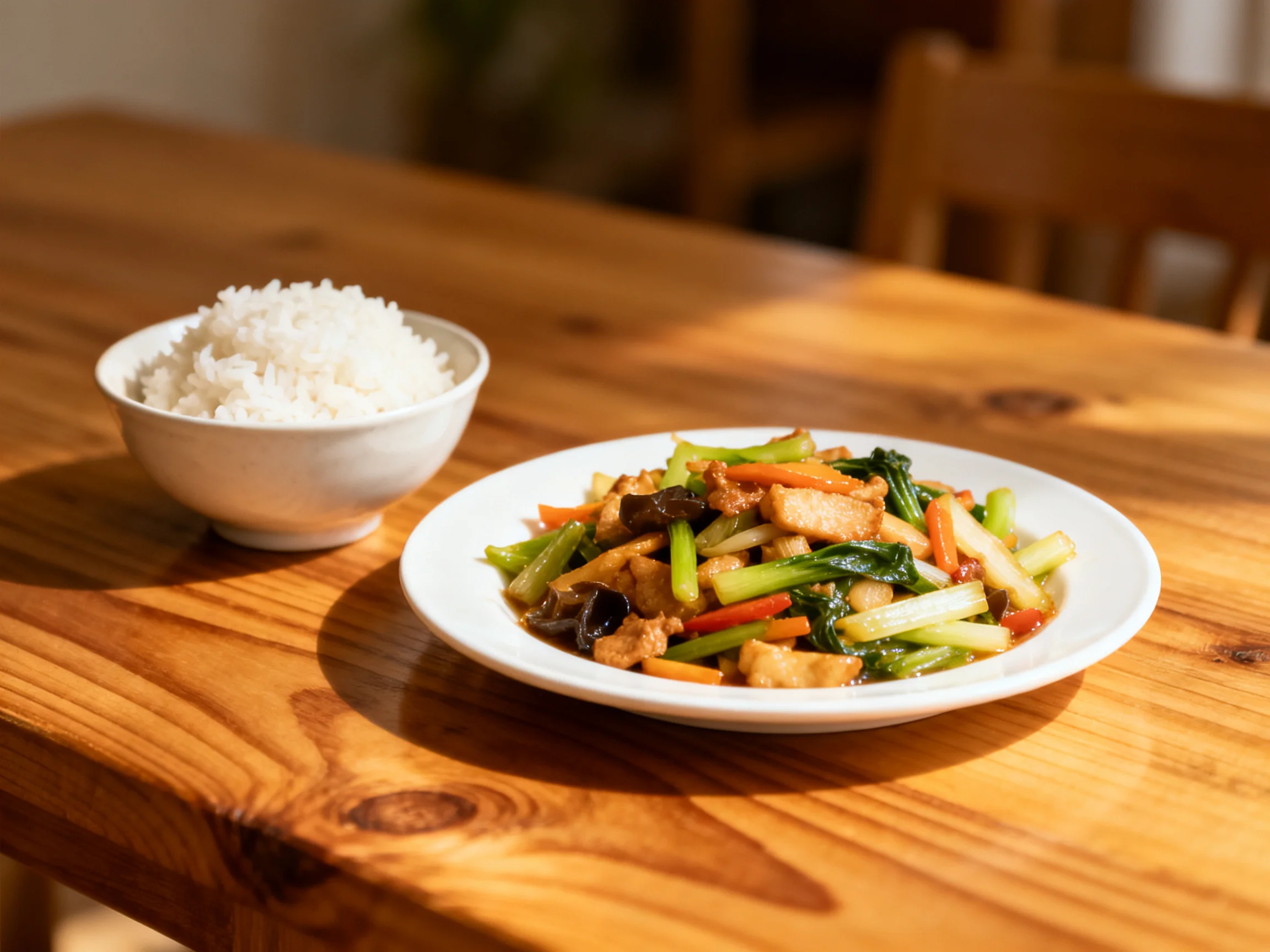 A bowl of white rice next to a plate of colorful stir - fry
