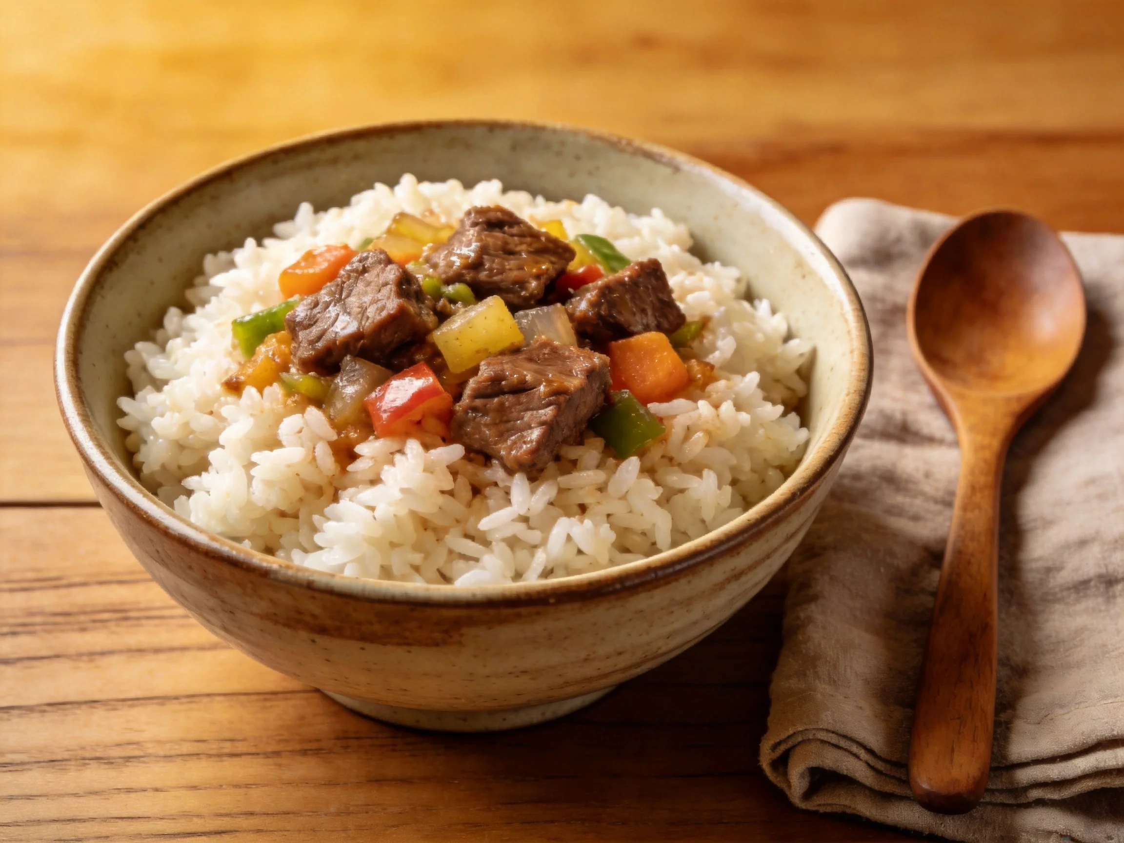 A bowl of white rice topped with beef and colorful vegetables