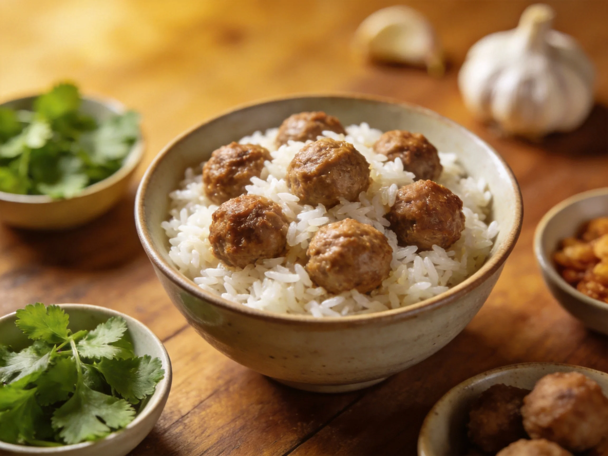 A bowl of white rice topped with brown meatballs near cilantro bowls