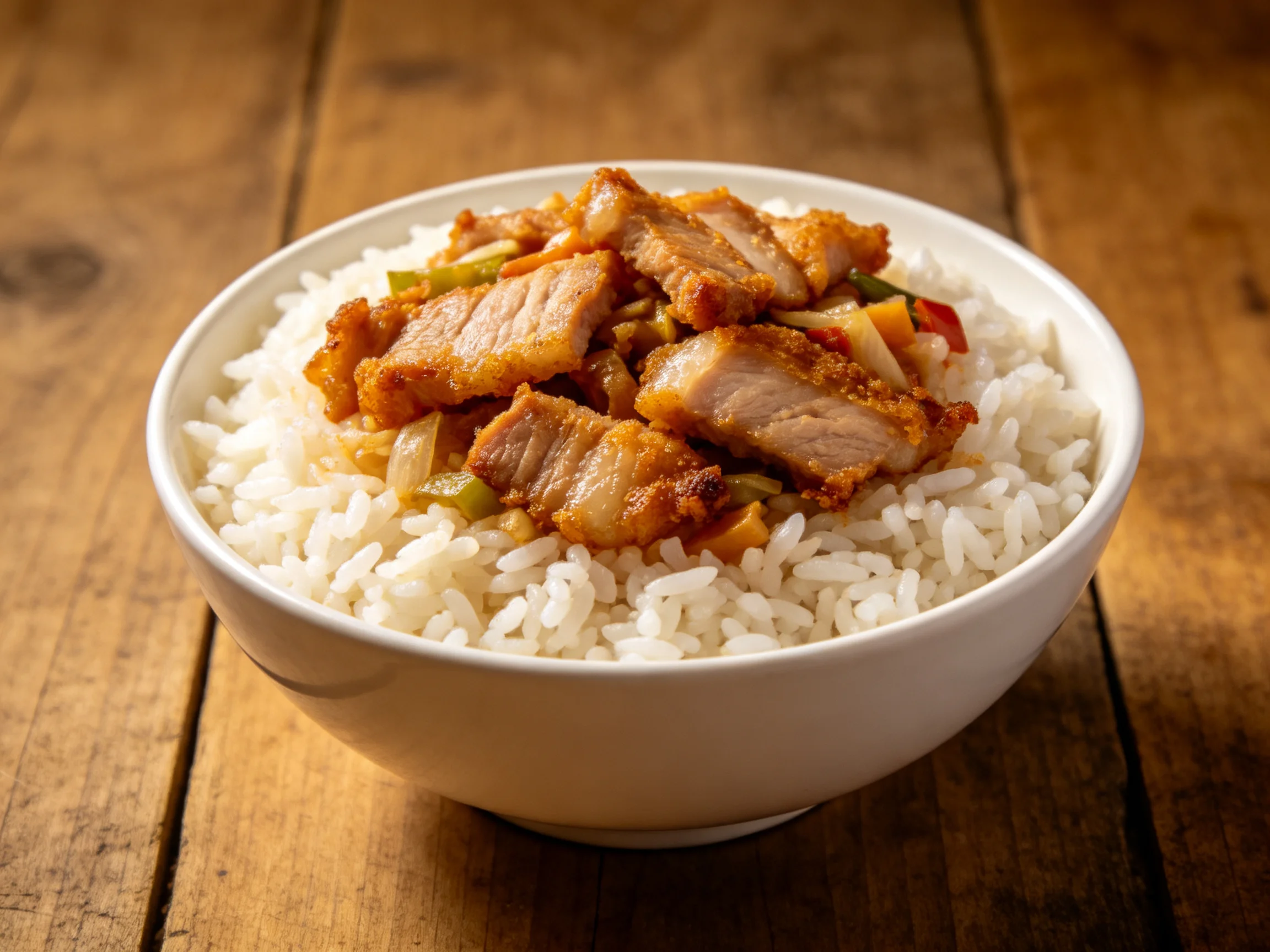 A bowl of white rice topped with crispy pork and mixed vegetables