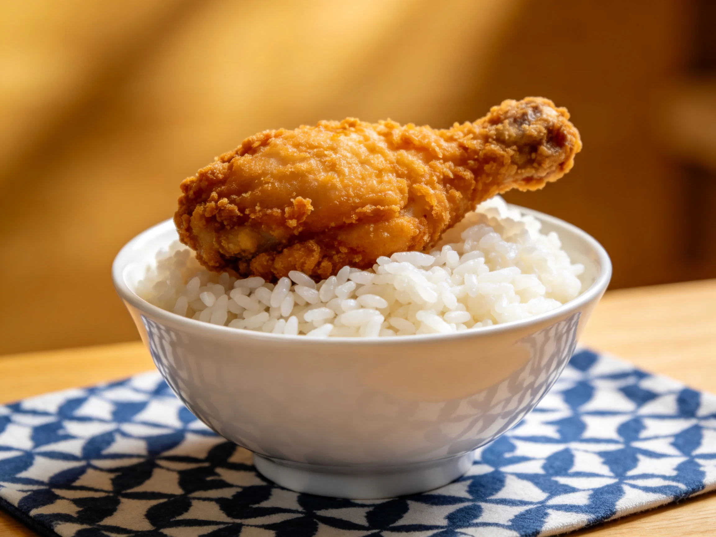 A bowl of white rice topped with golden fried chicken