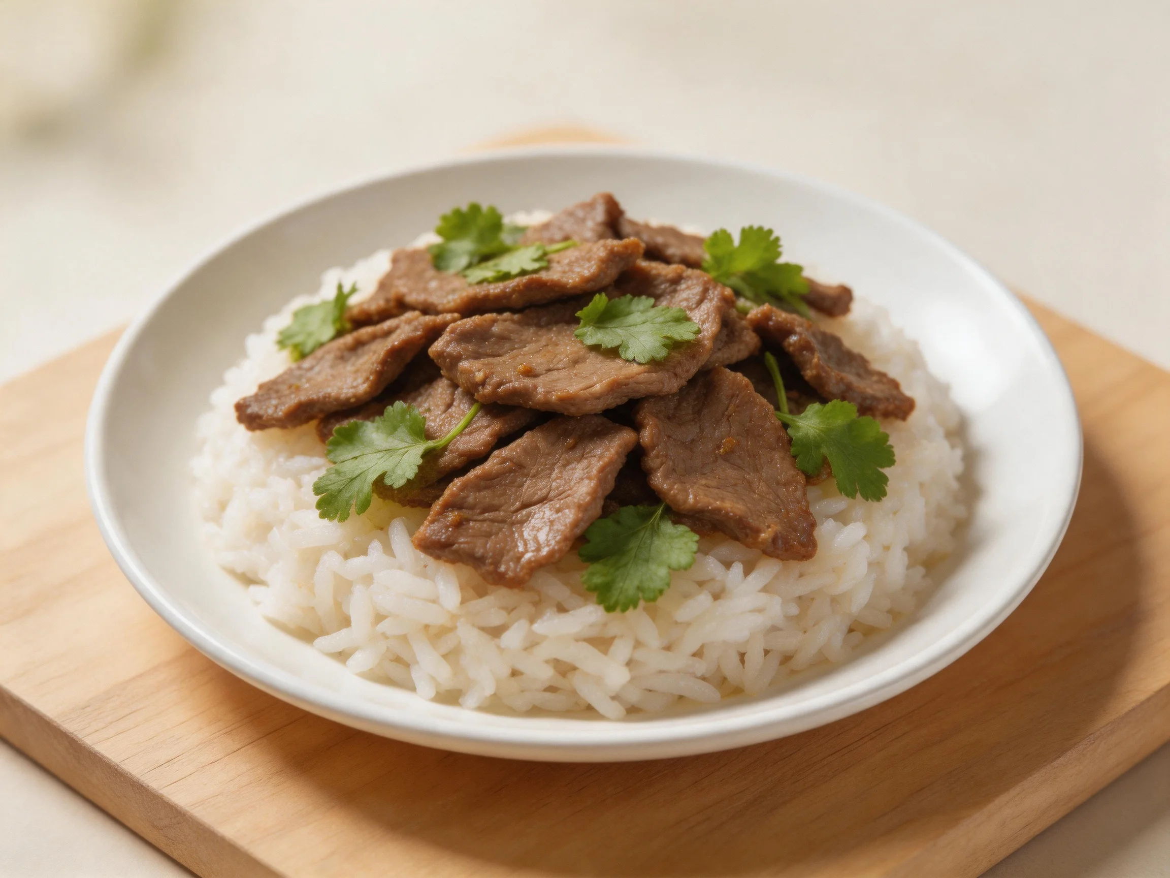 A bowl of white rice topped with sliced brown beef and fresh cilantro