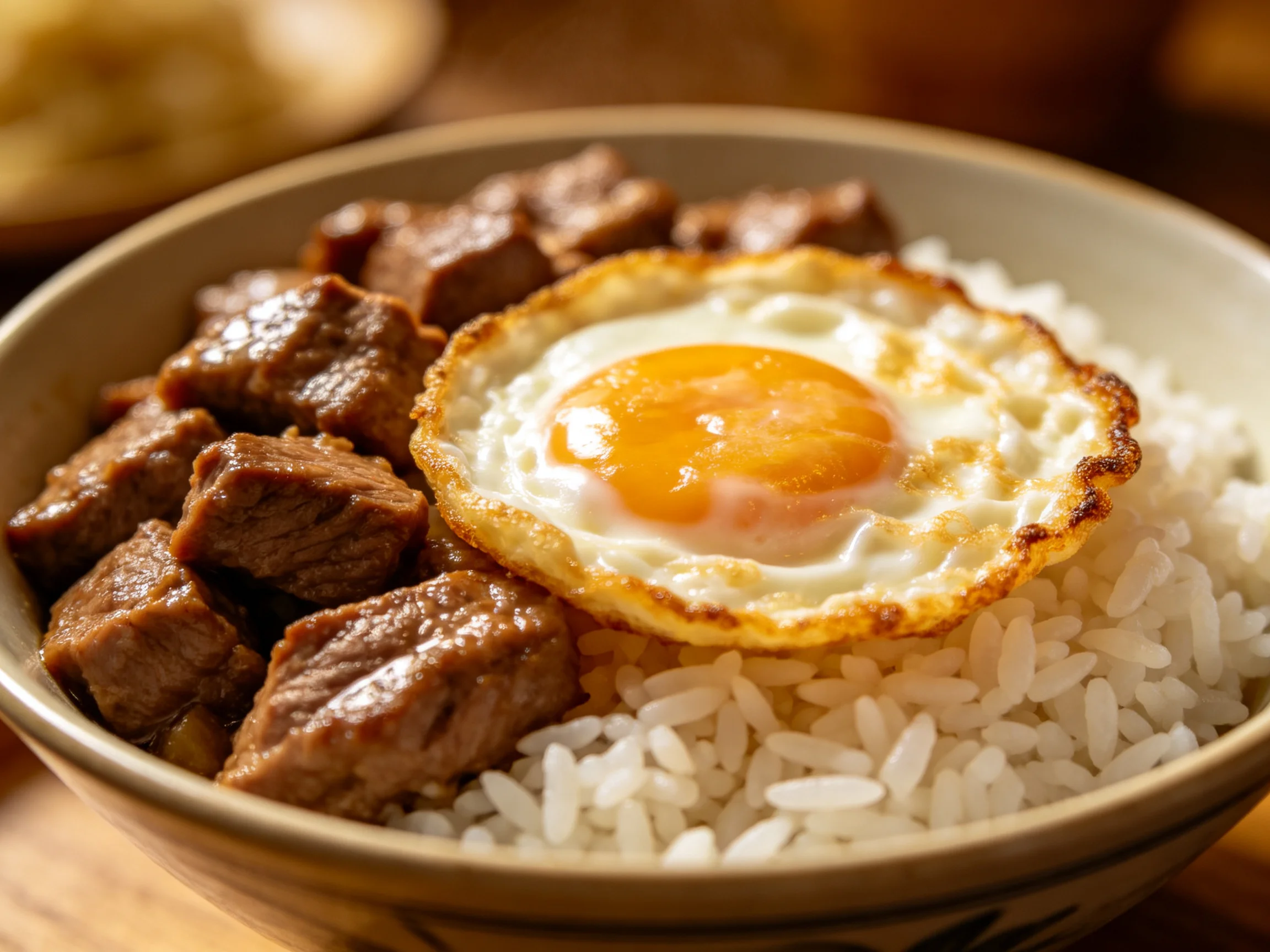 A bowl of white rice with brown beef cubes and a sunny-side-up egg