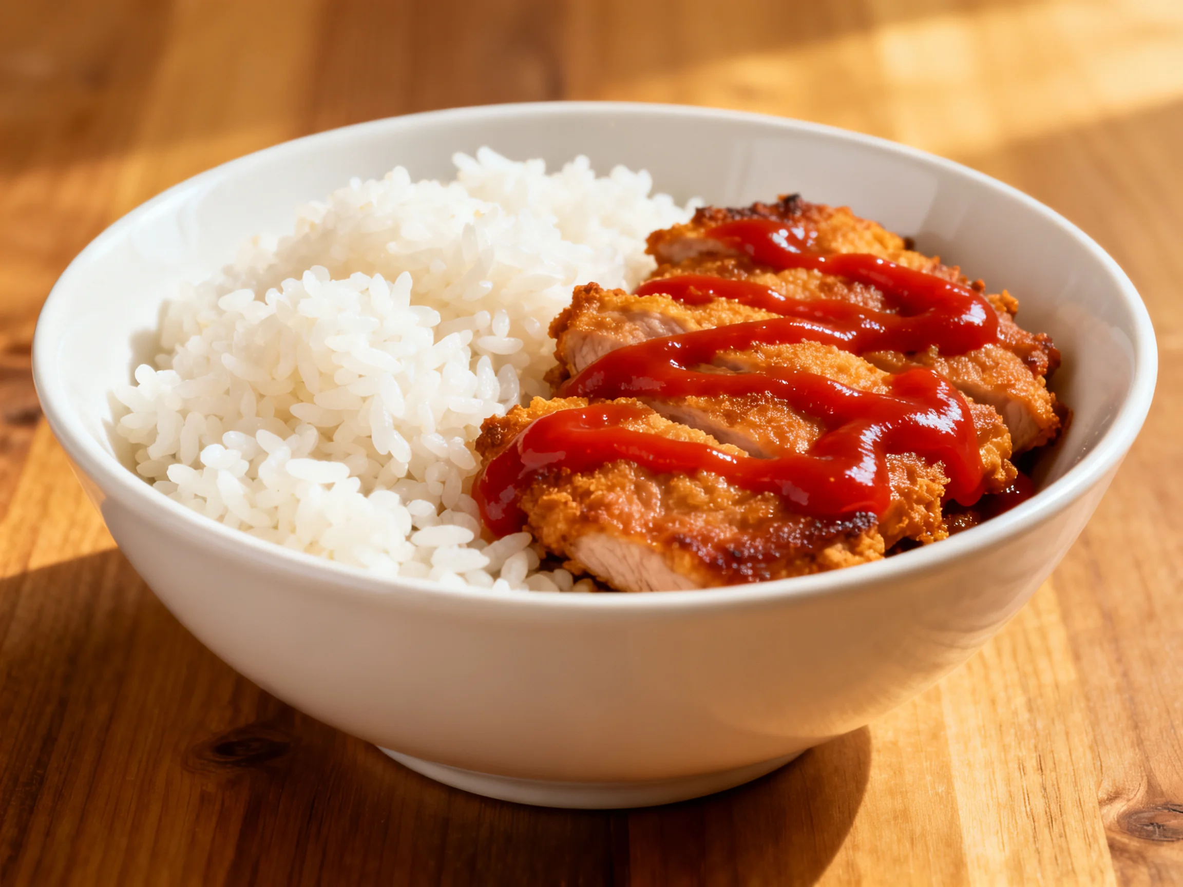 A bowl of white rice with golden-brown fried chicken and red sauce