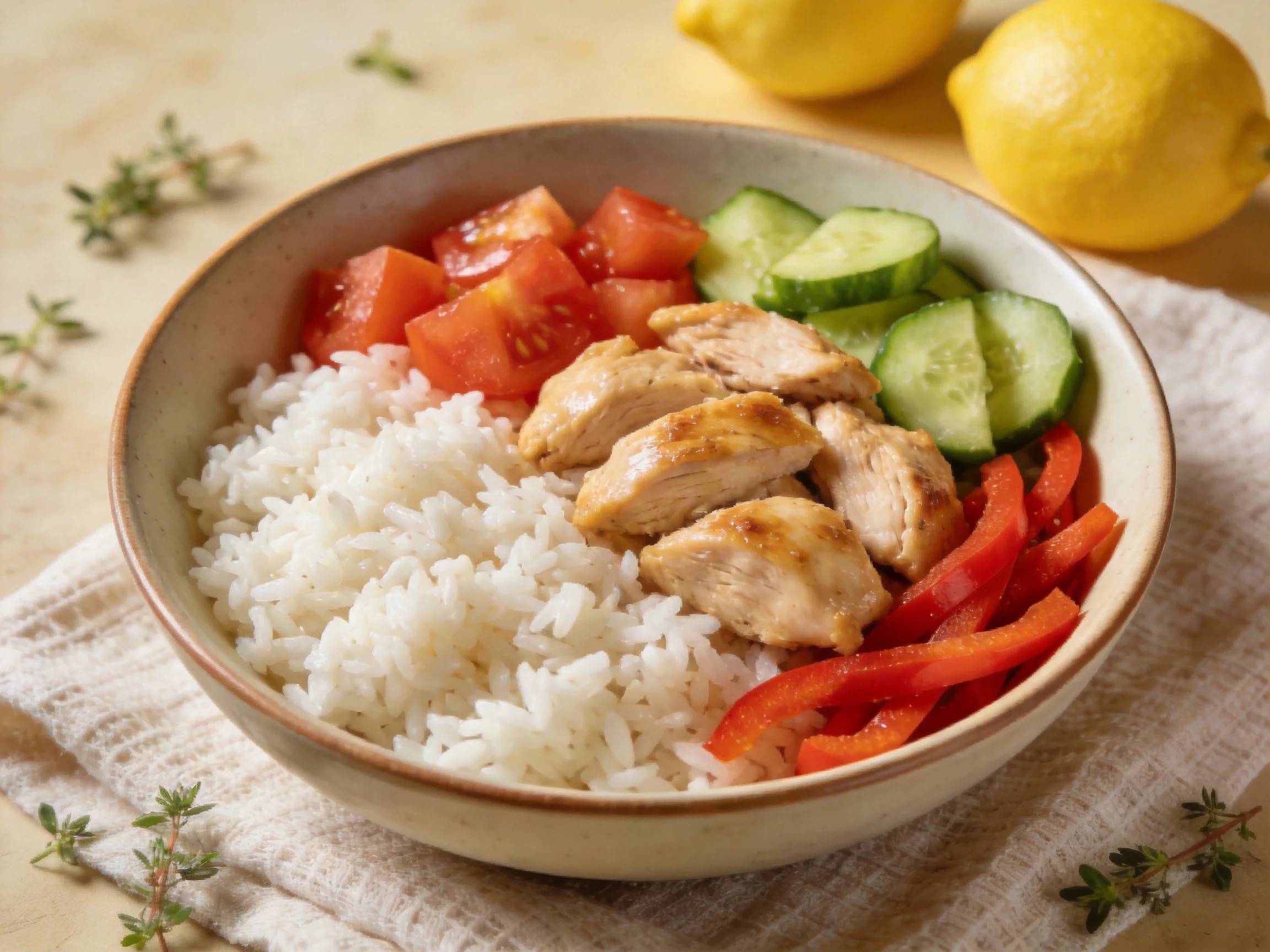 A bowl with white rice, grilled chicken, and fresh vegetables