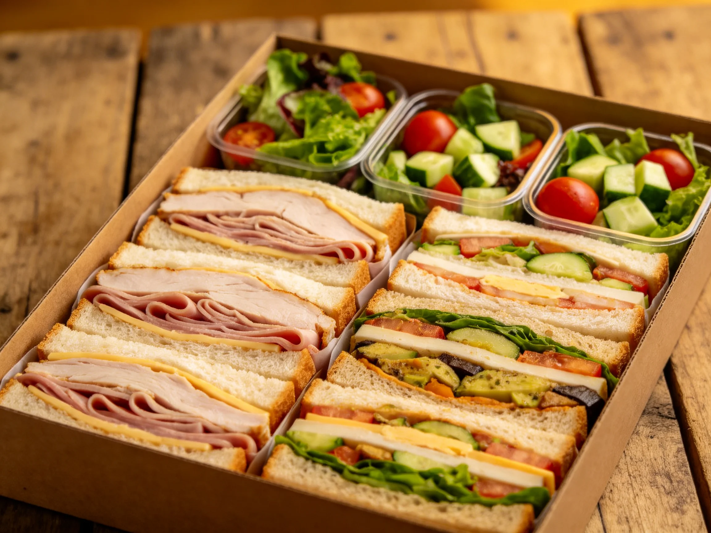 A box of assorted sandwiches and vibrant salad portions