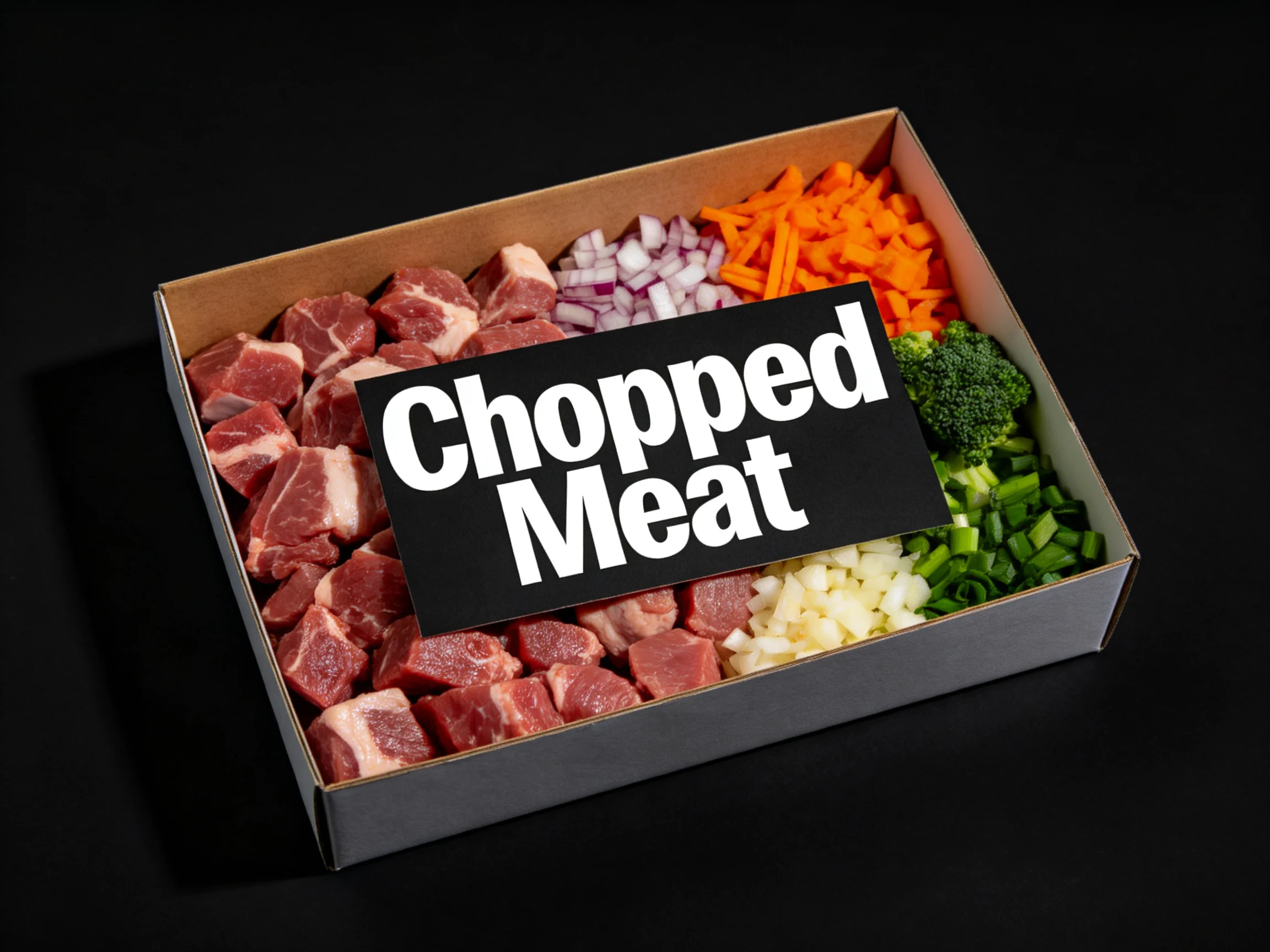 A box with diced meat and assorted colorful vegetables