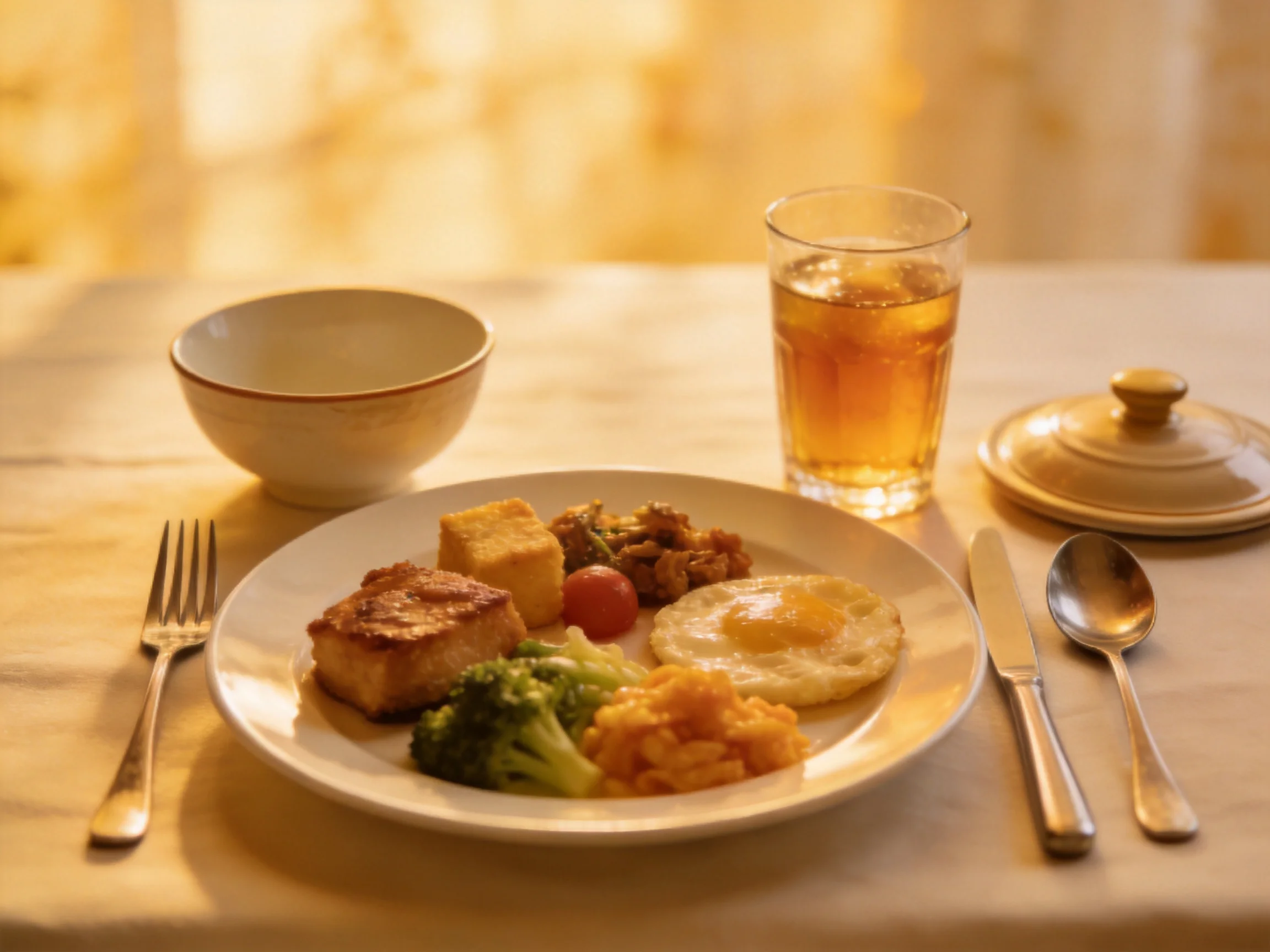 A breakfast plate with eggs, meat, and vegetables beside tea and utensils