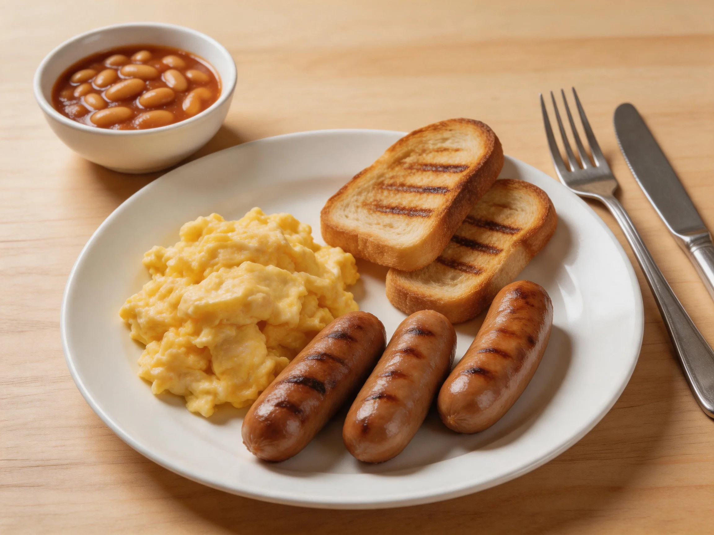 A breakfast plate with scrambled eggs, grilled sausages, toasted bread, and baked beans