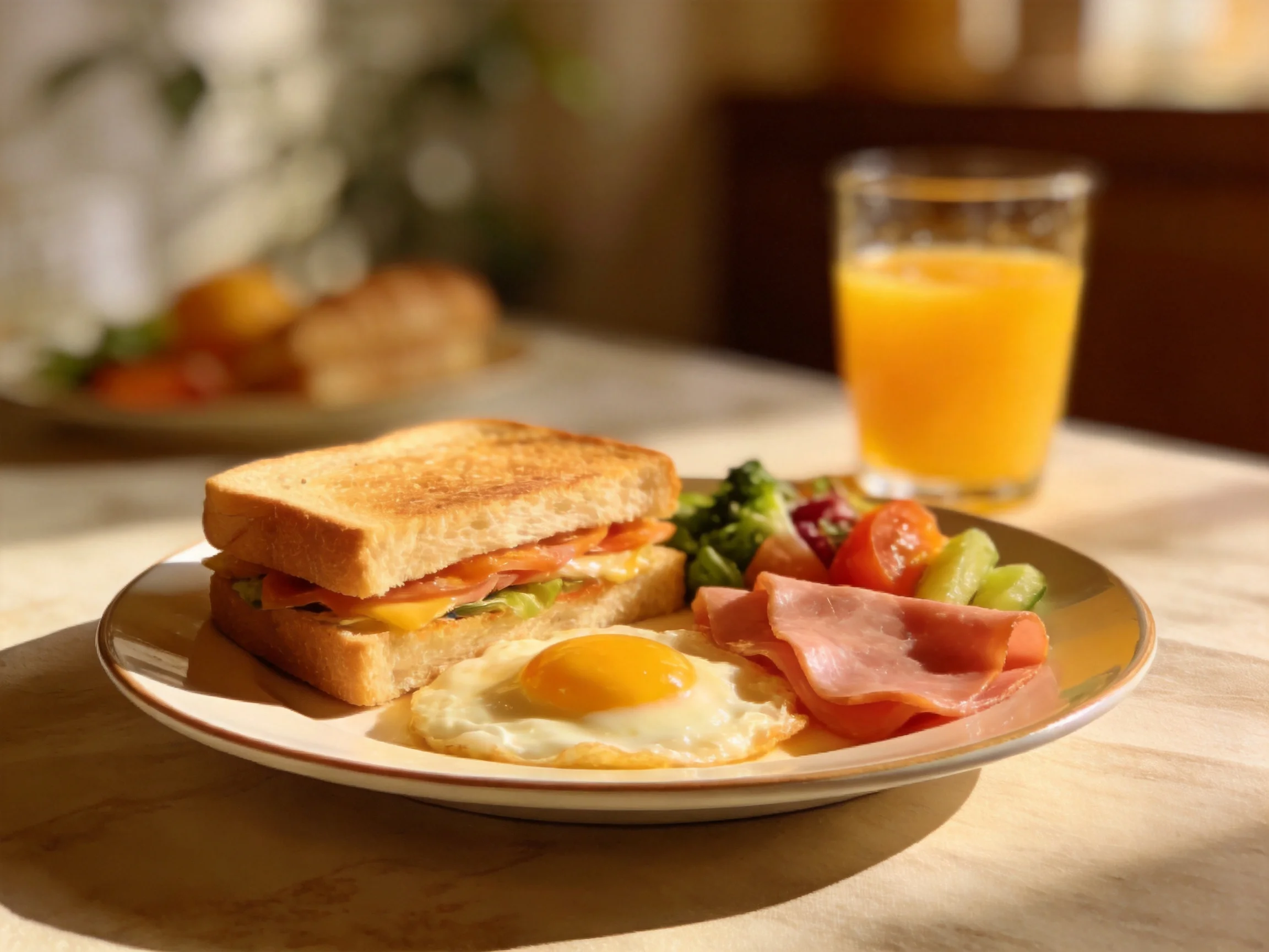 A breakfast plate with toasted sandwich, fried egg, ham, and vegetables