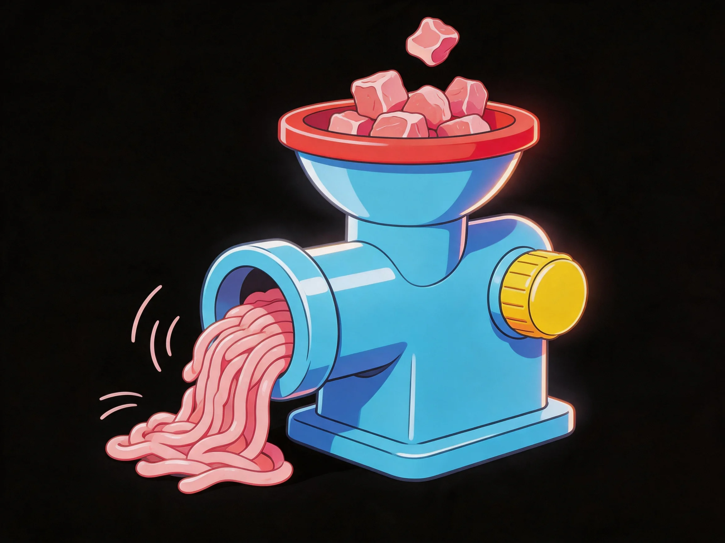 A bright blue meat grinder processes pink meat cubes into ground meat