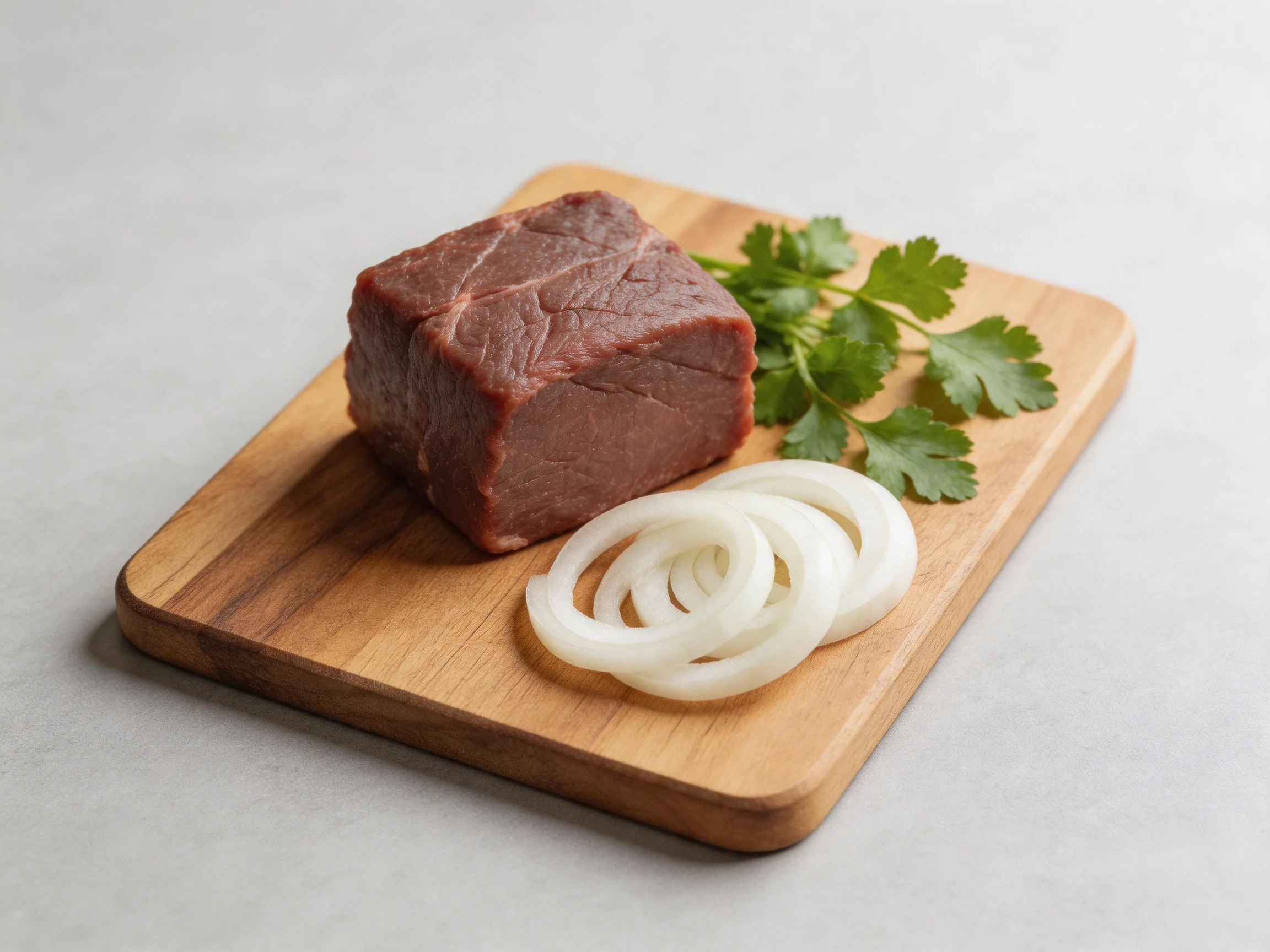 A brown beef cube, white onion rings, and fresh green herbs on a wooden cutting board