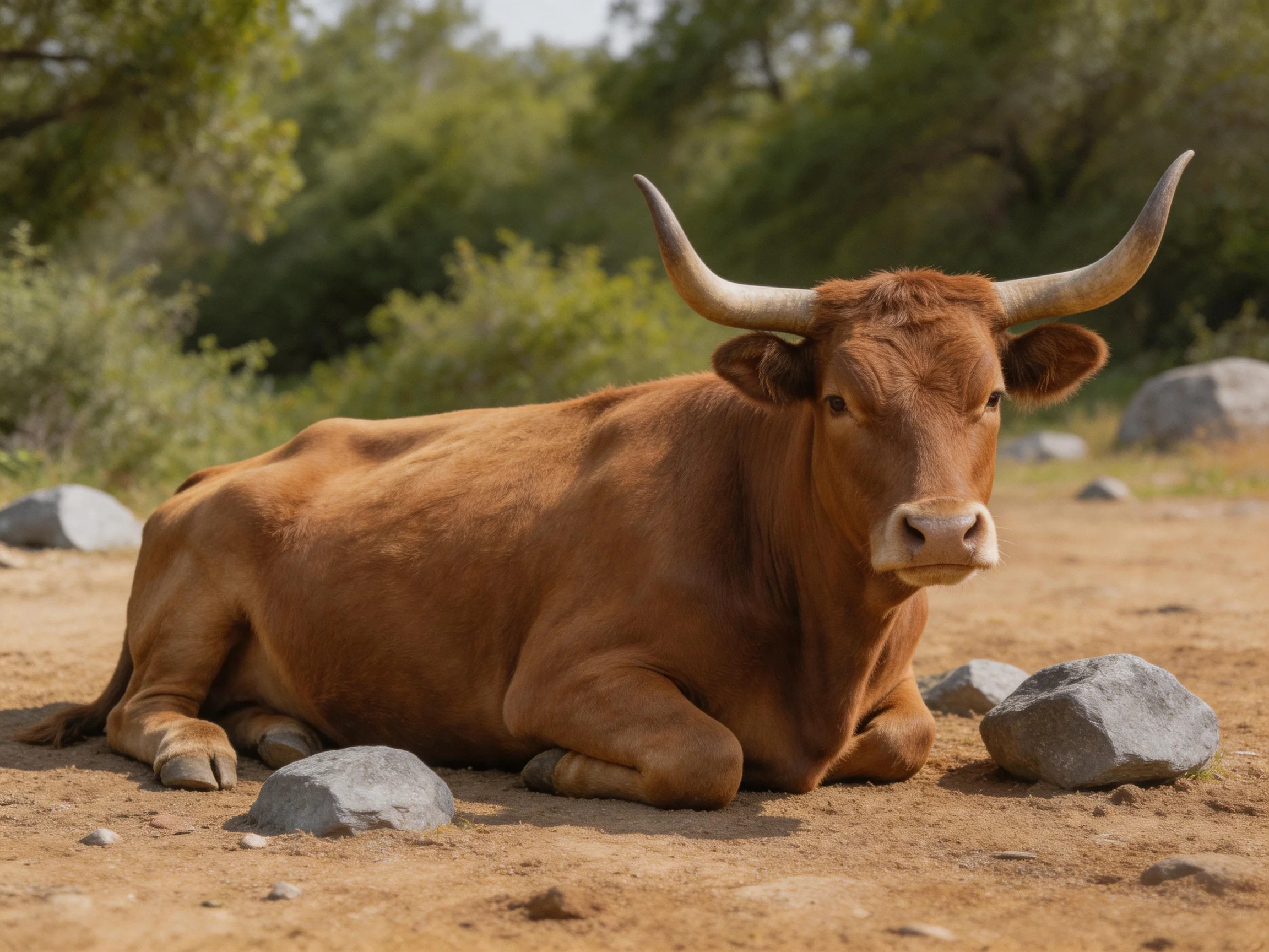 A brown long-horned cow resting near gray rocks in a sunny outdoor setting