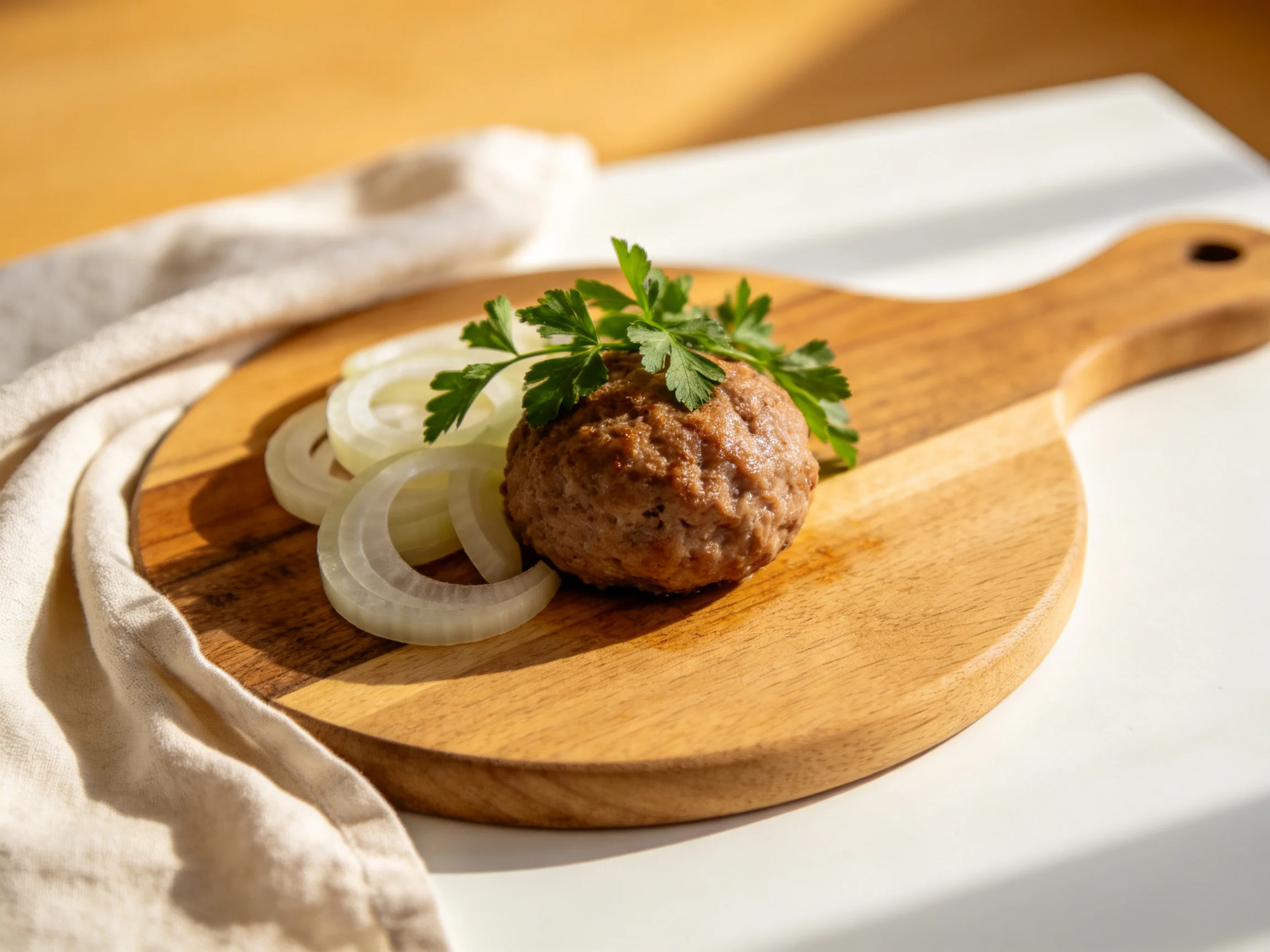 A brown meatball with white onions and green parsley on a wooden board