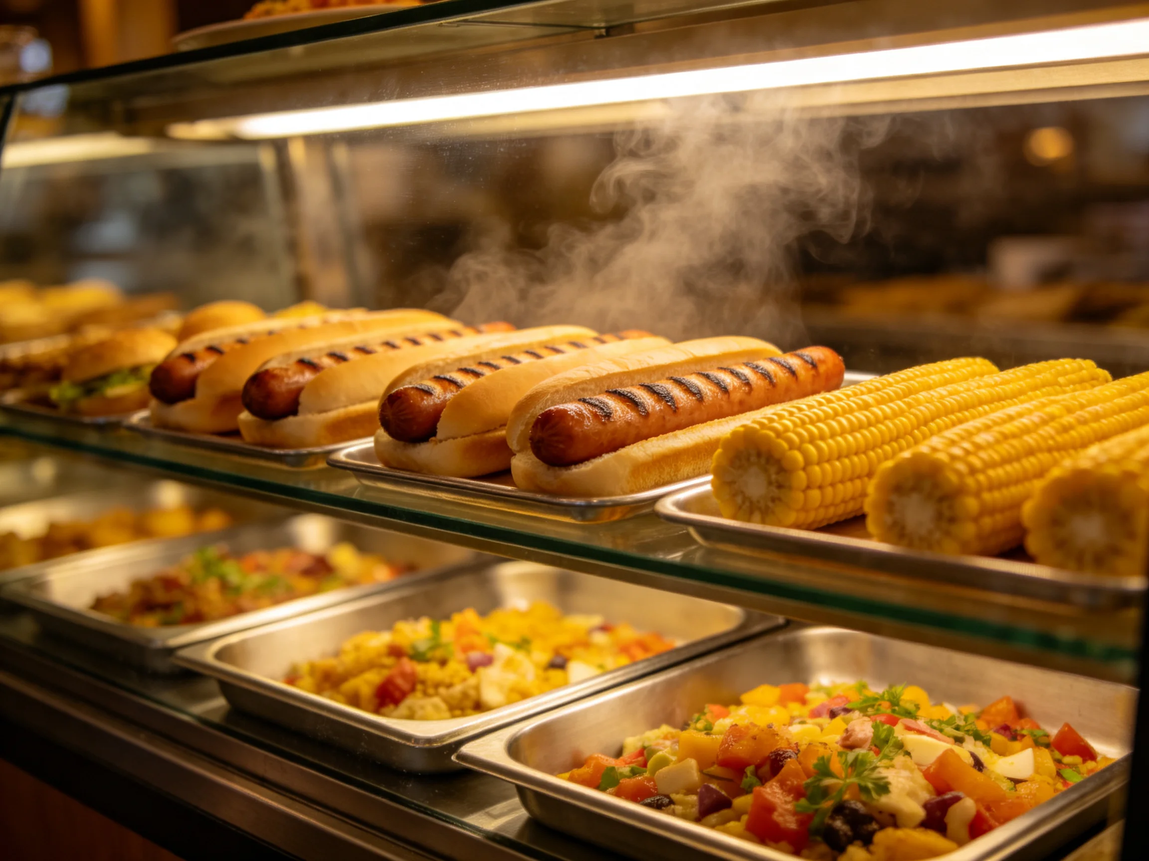 A buffet display with grilled hot dogs, corn, and colorful salads