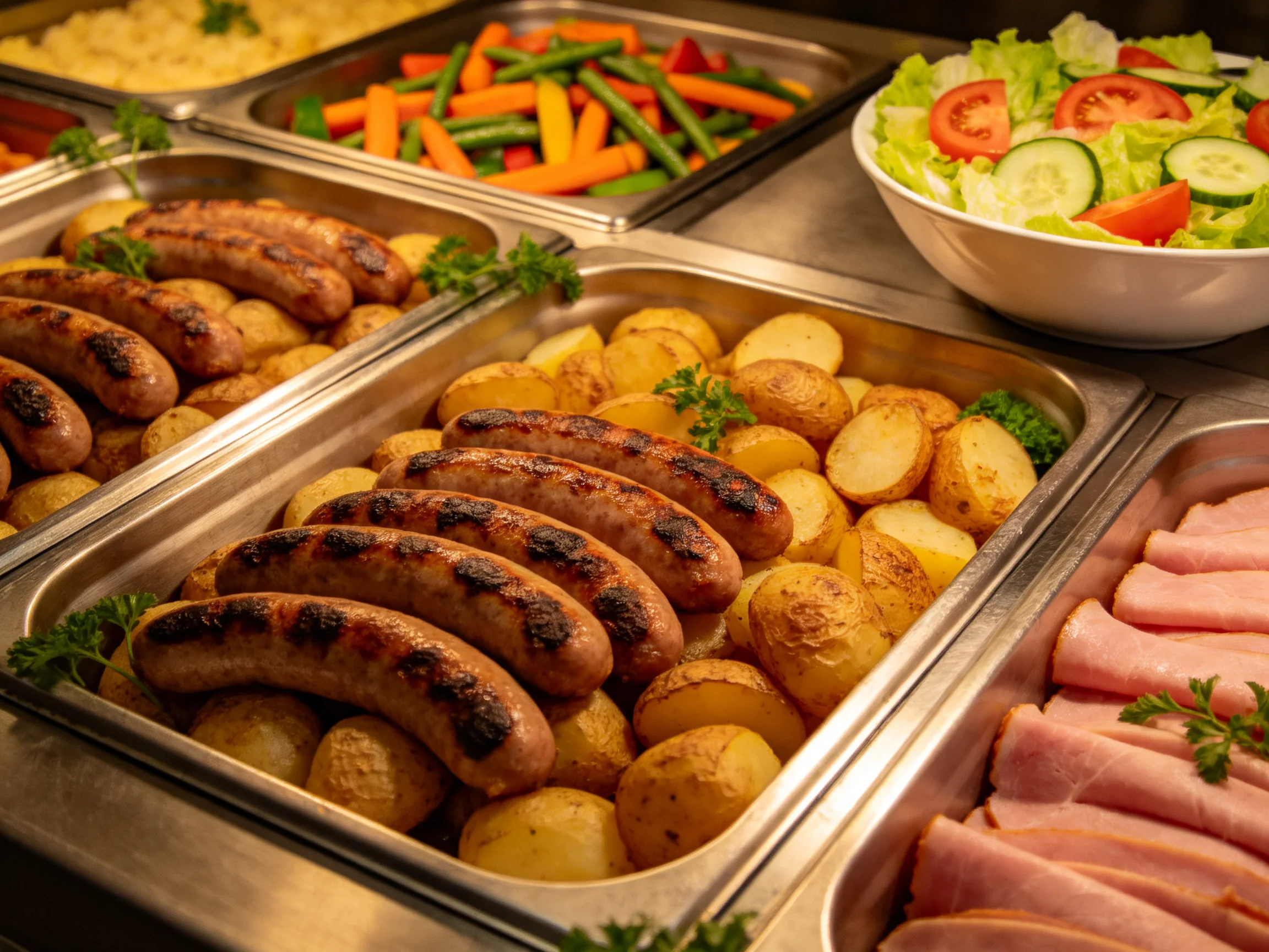 A buffet spread with grilled sausages, roasted potatoes, and fresh salads