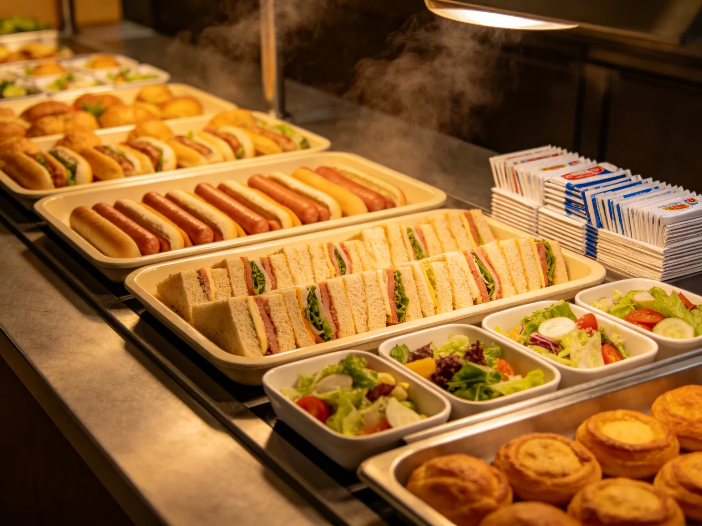 A buffet spread with sandwiches, hot dogs, and assorted salads
