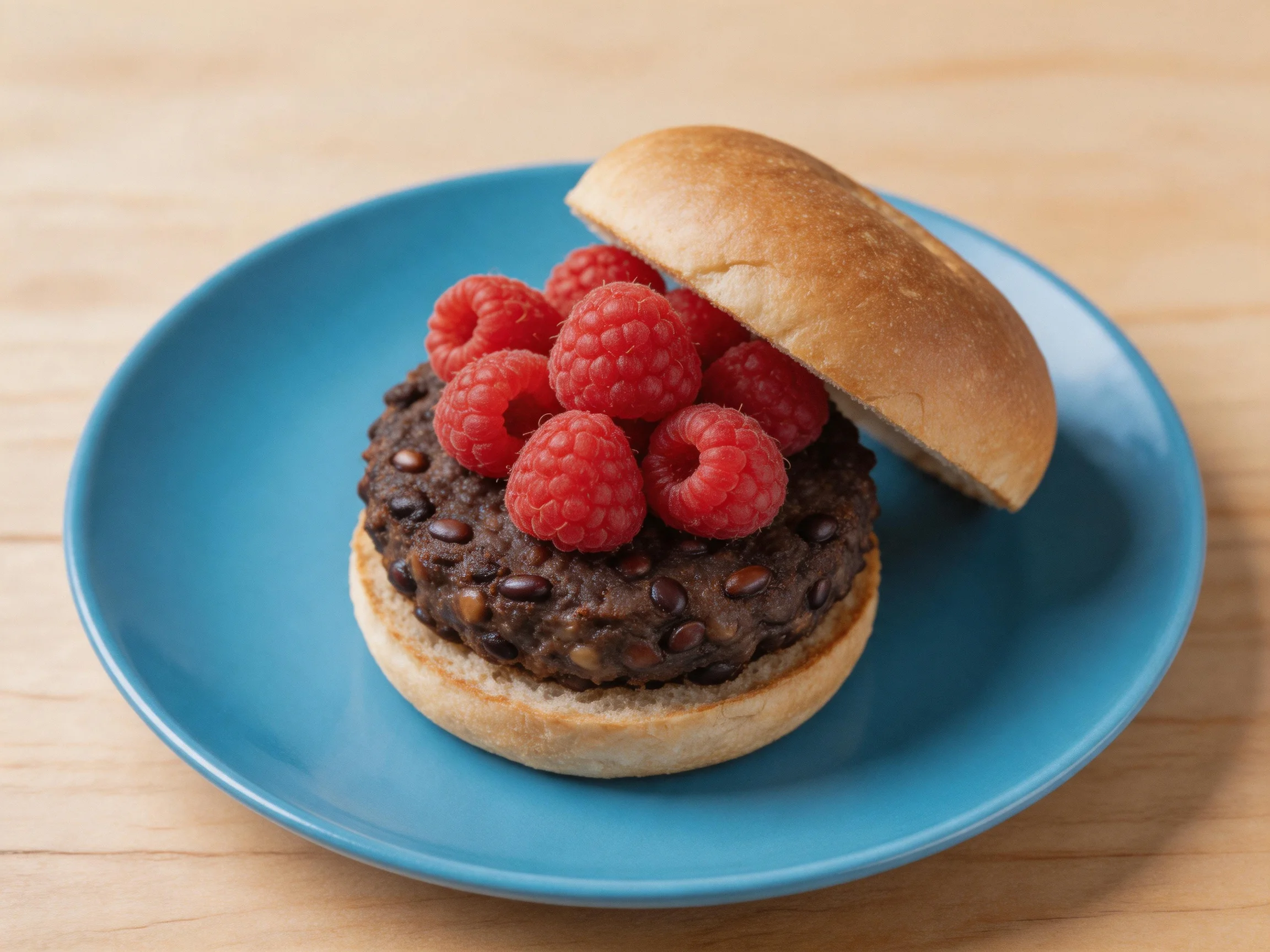 A burger with a dark patty and raspberries served on a blue plate