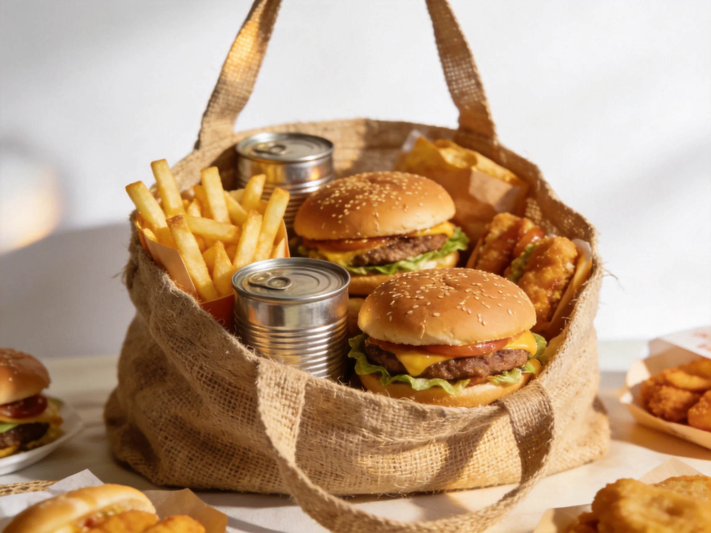 A burlap bag holds two burgers, fries, soda cans, and fried snacks