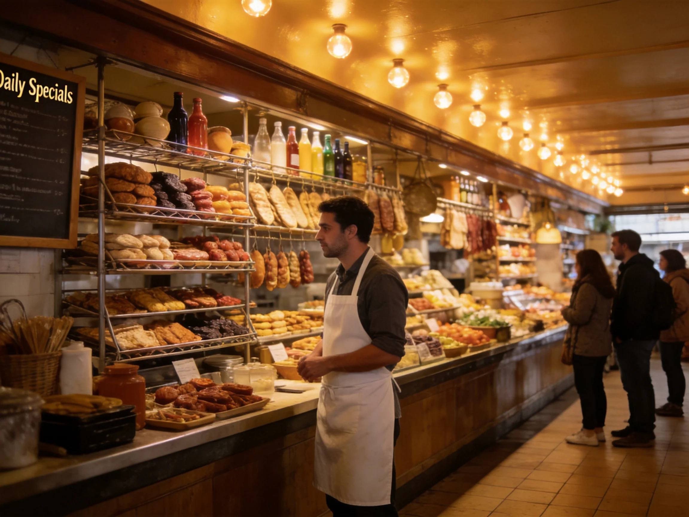 A bustling food market stall with colorful pastries and hanging meats