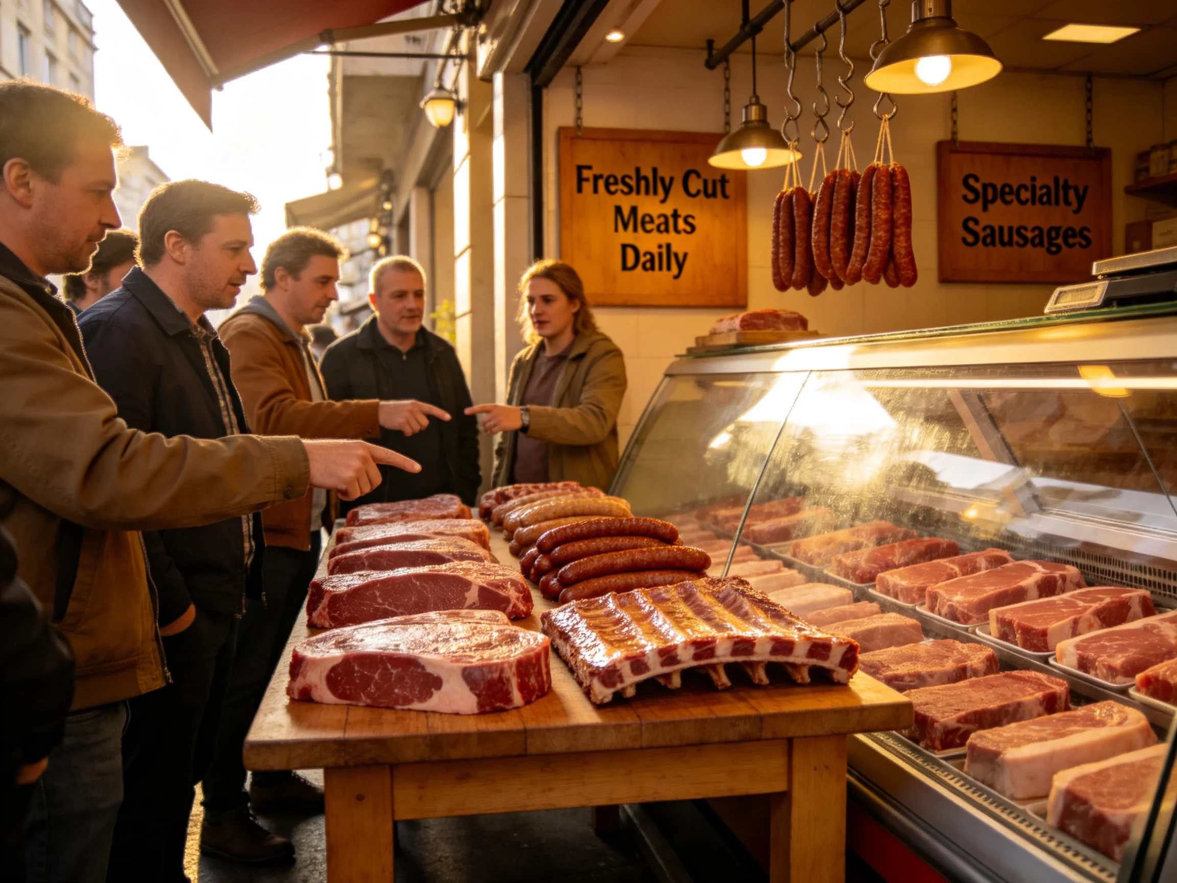 A bustling market stall with freshly cut meats and hanging sausages