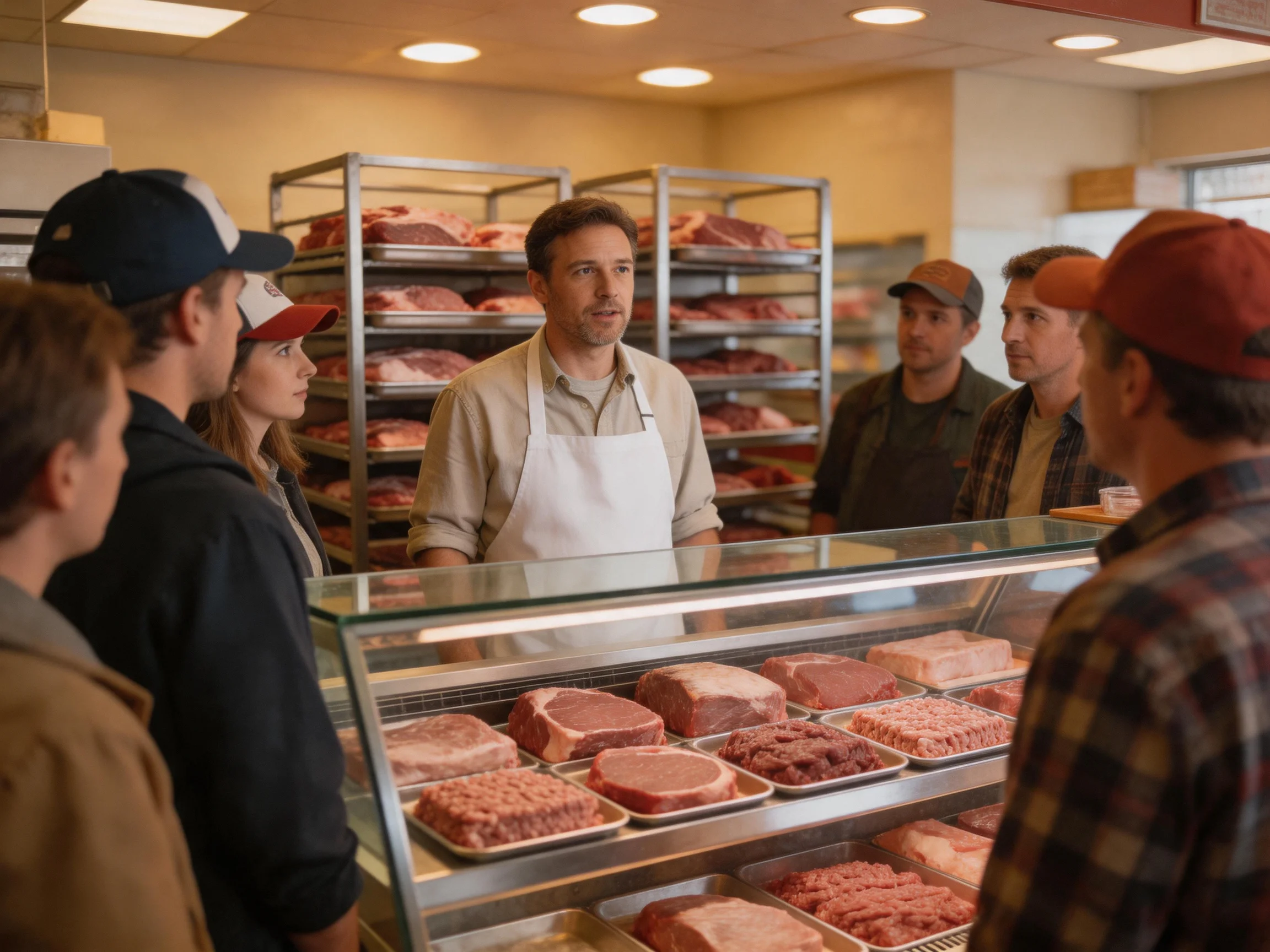 A butcher in a well-stocked meat shop interacts with customers