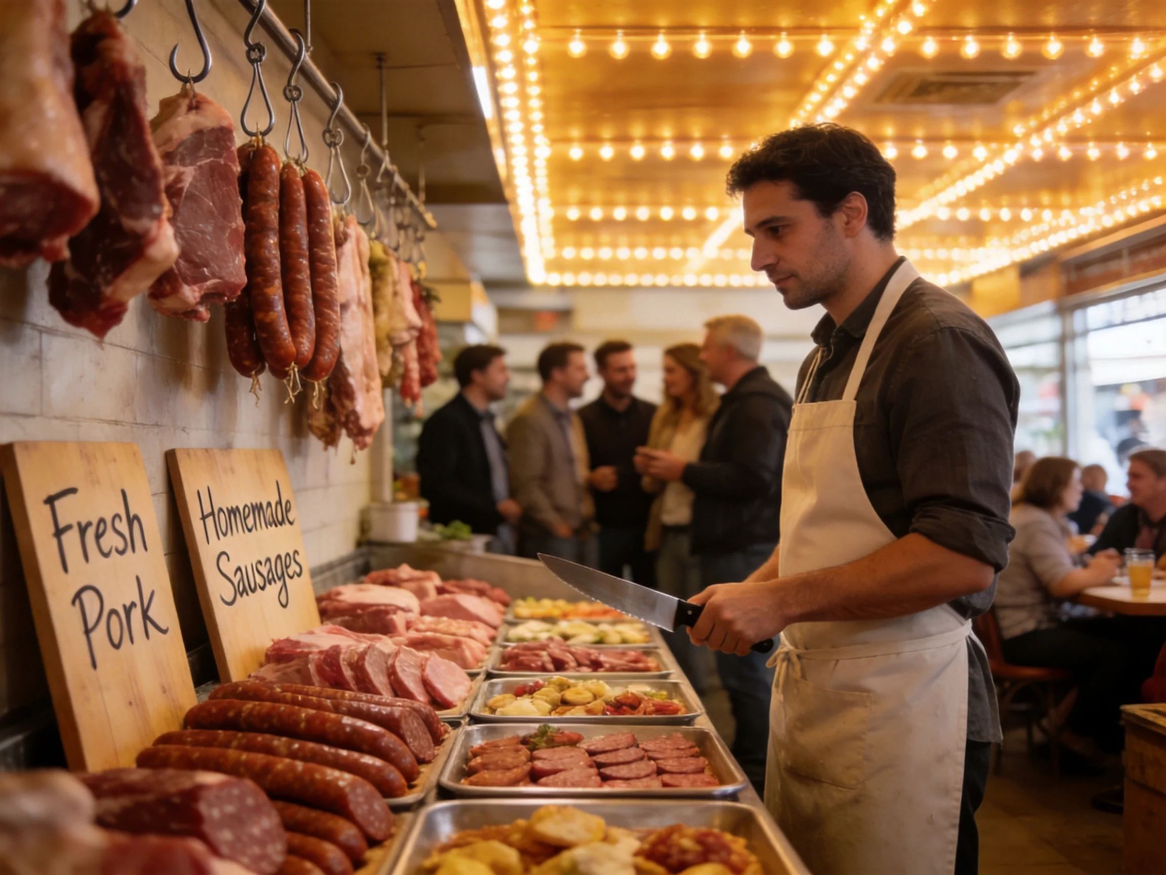 A butcher prepares assorted cured meats in a warmly lit market