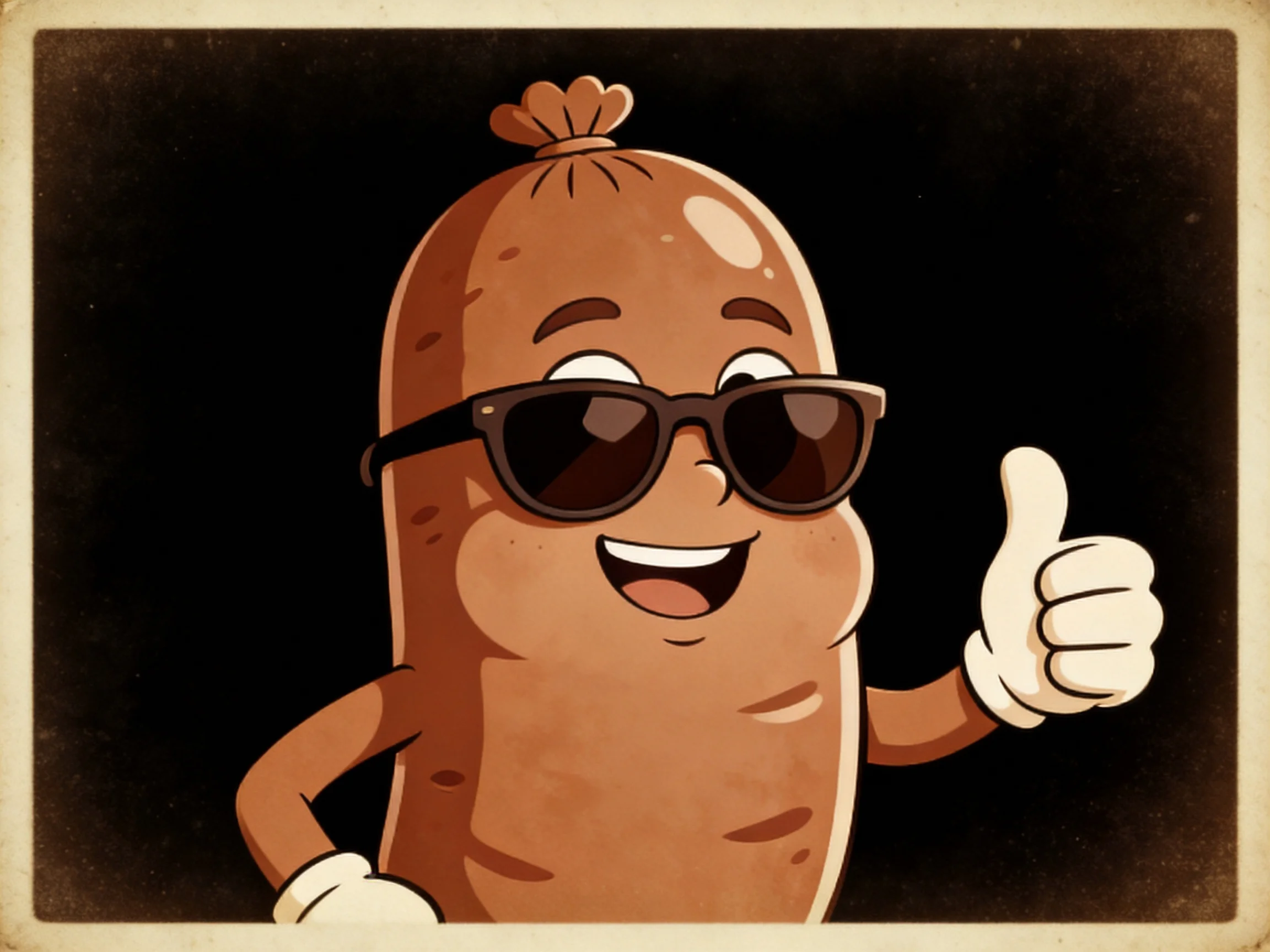 A cartoon brown sausage character wearing dark sunglasses gives a thumbs-up