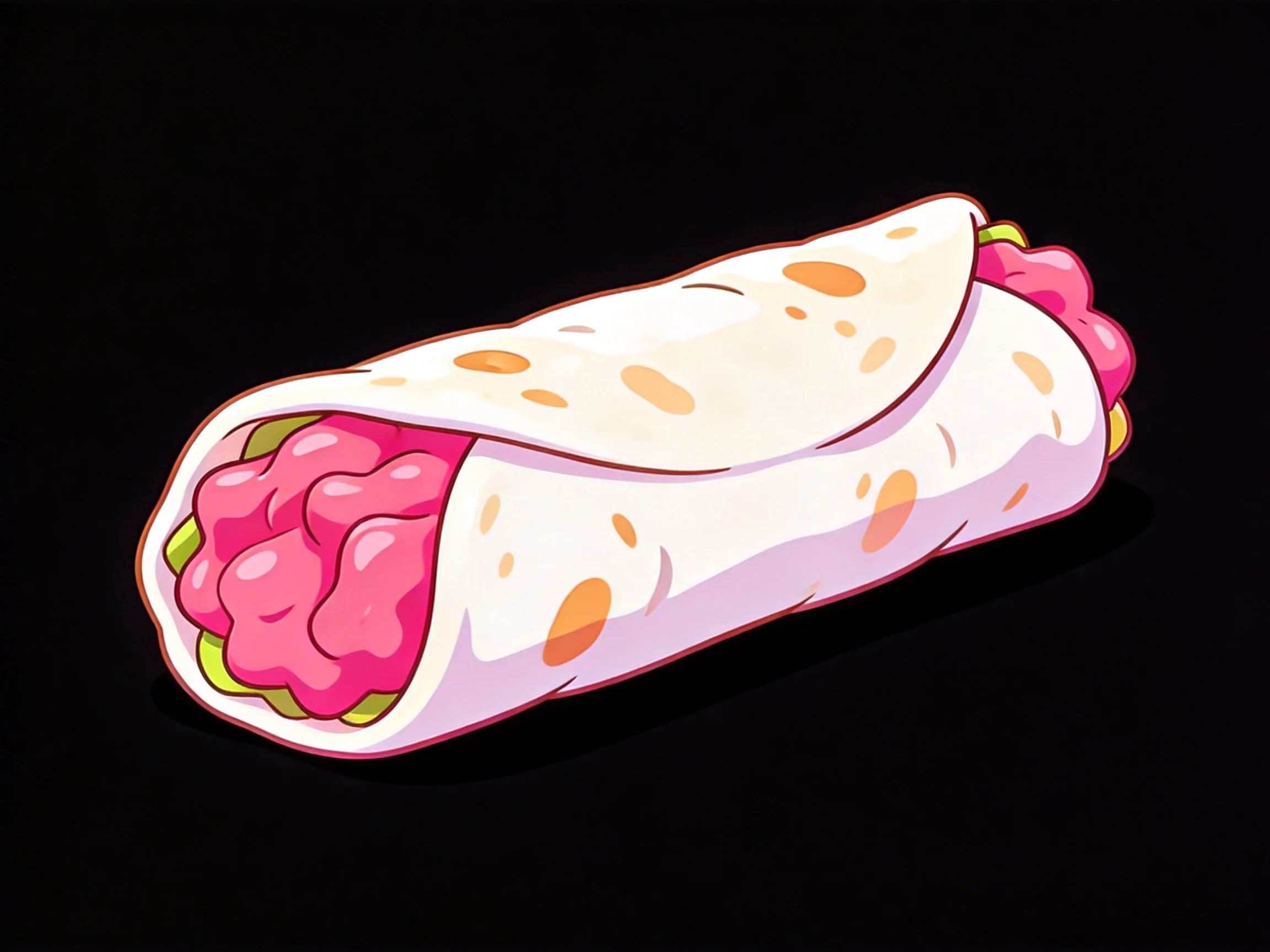 A cartoon burrito with white tortilla, orange spots, and pink filling