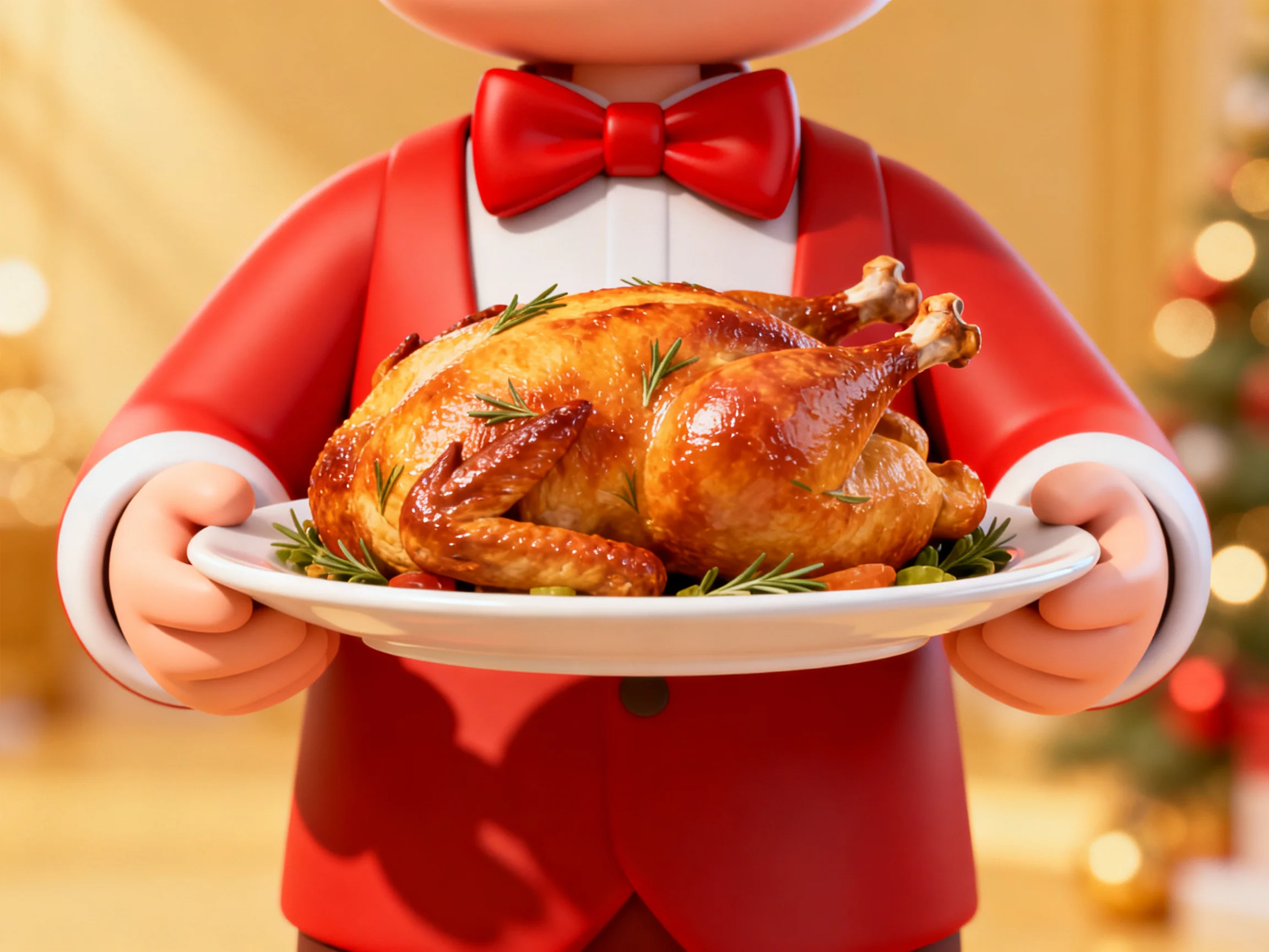 A cartoon character in red formalwear presentsa golden roasted turkey