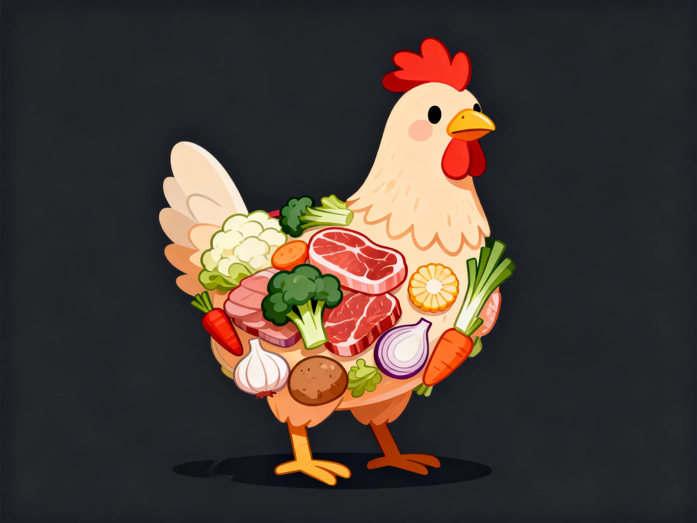 A cartoon chicken carrying assorted vegetables and meats