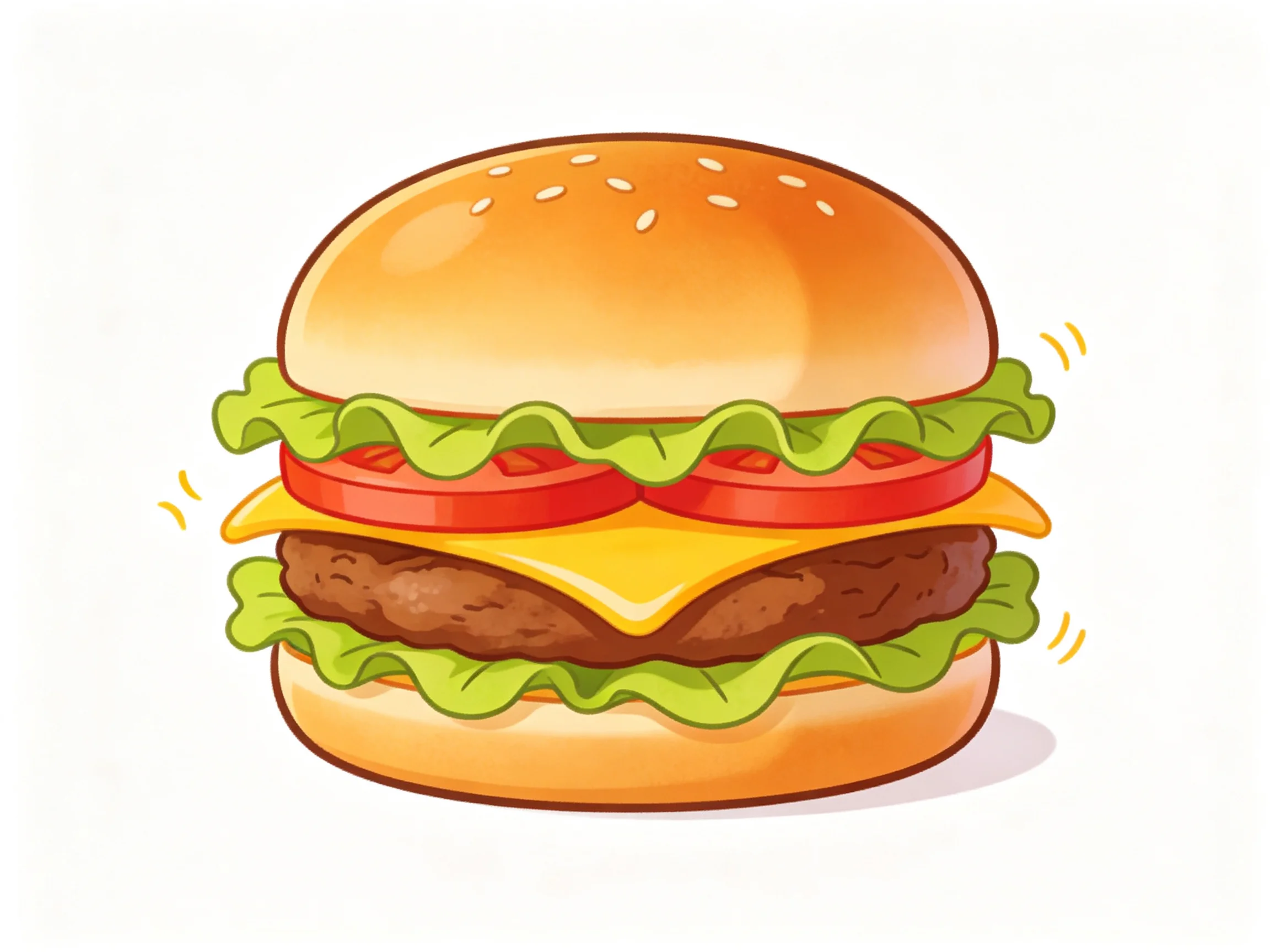 A cartoon hamburger with sesame-topped buns, green lettuce, red tomato, yellow cheese, and brown beef