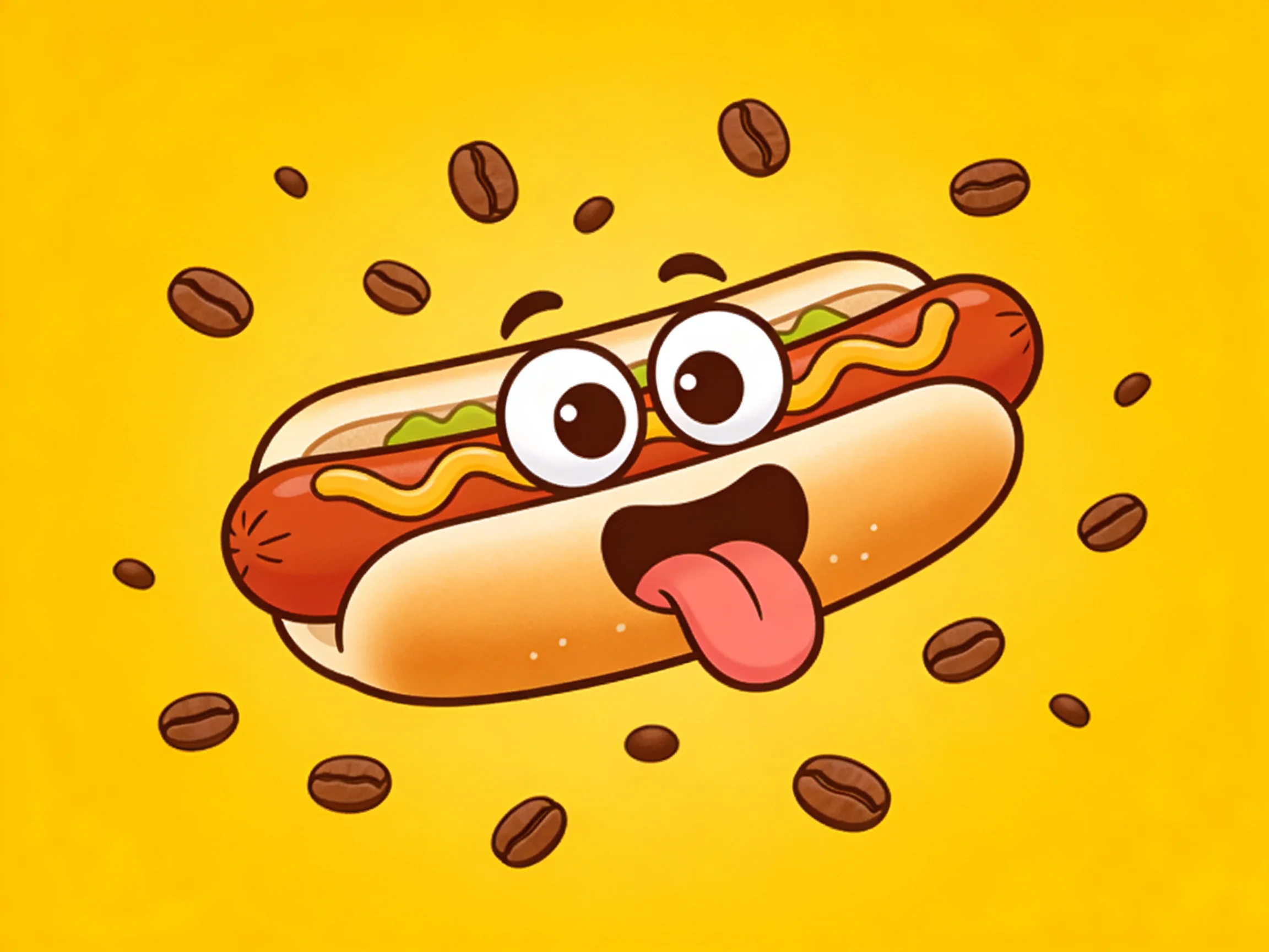 A cartoon hot dog with expressive face, surrounded by scattered coffee beans