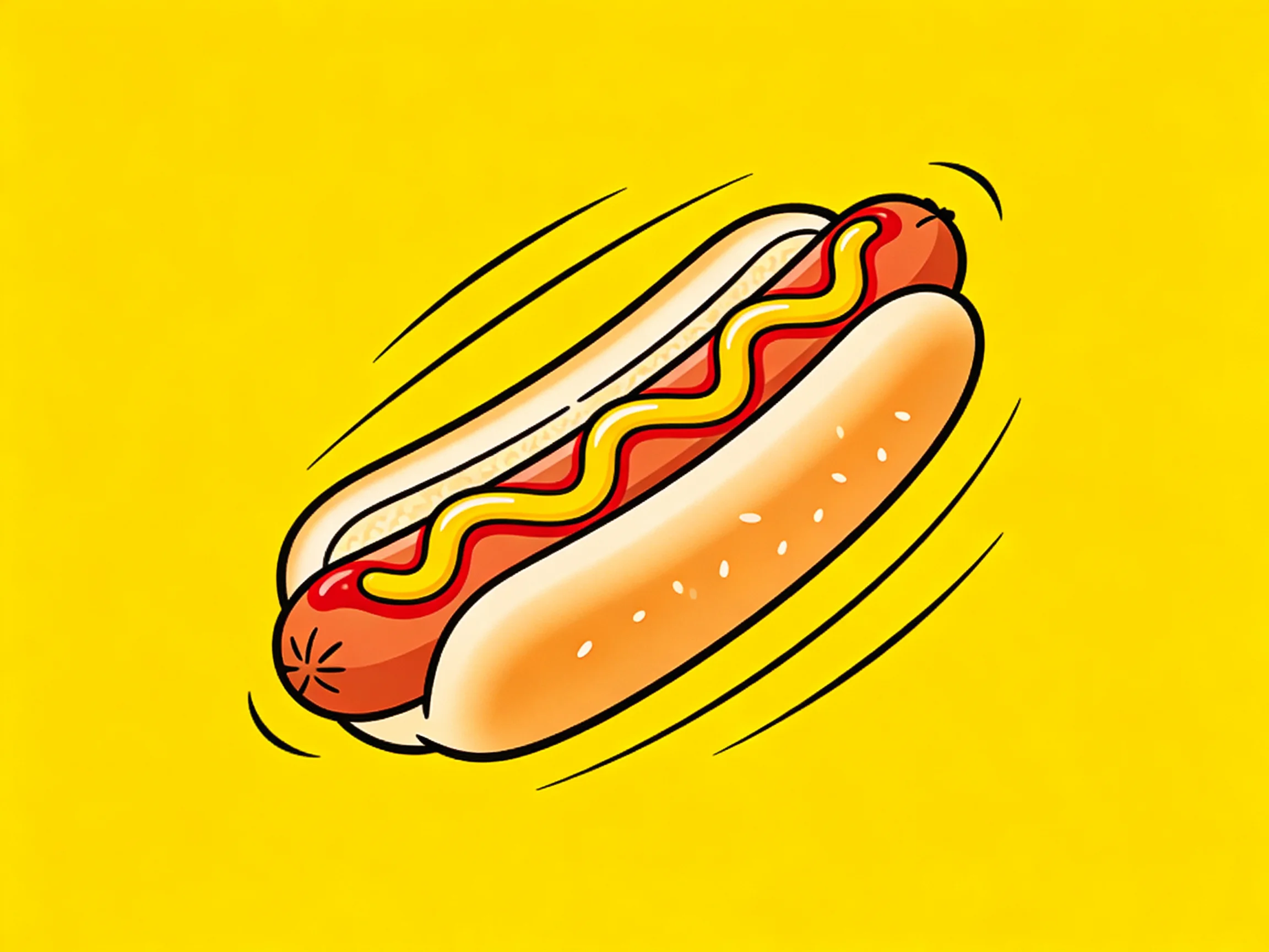A cartoon hot dog with mustard and ketchup on a bright yellow background