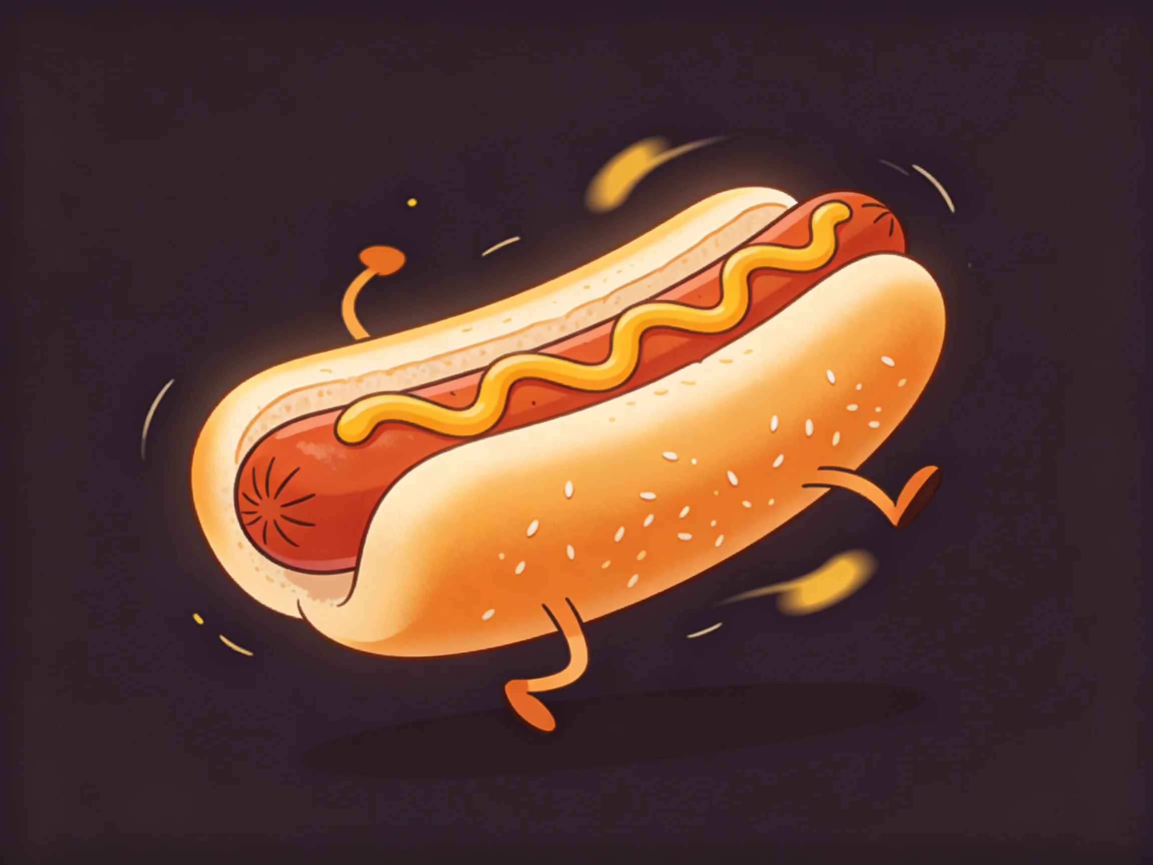 A cartoon hot dog with mustard runs energetically against a dark backdrop