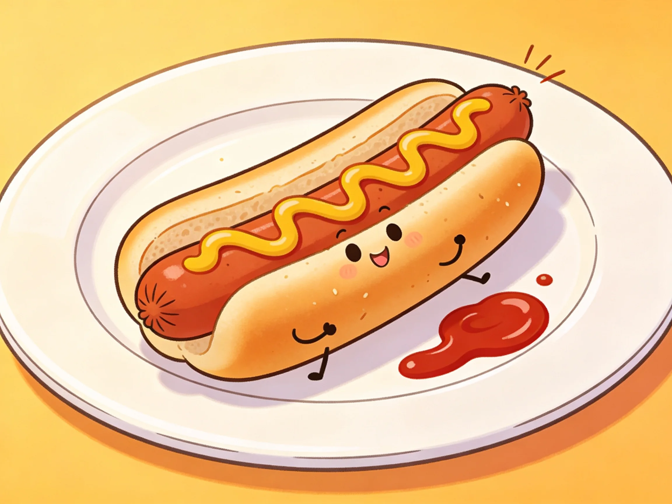 A cartoon hot dog with mustard zigzag and ketchup on a white plate