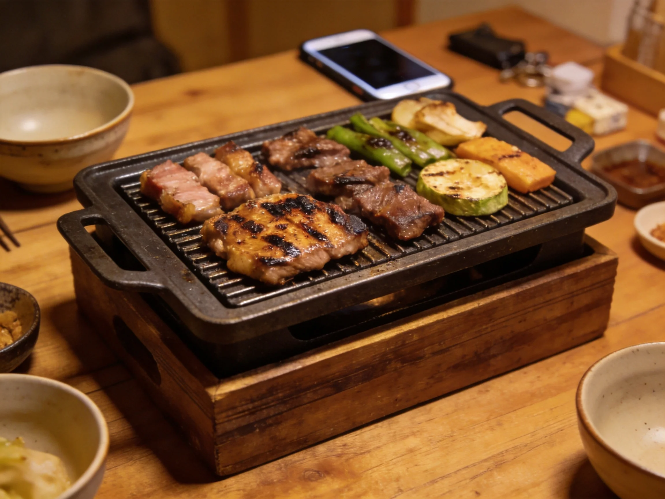 A cast iron grill loaded with assorted grilled meats and vegetables on a wooden table