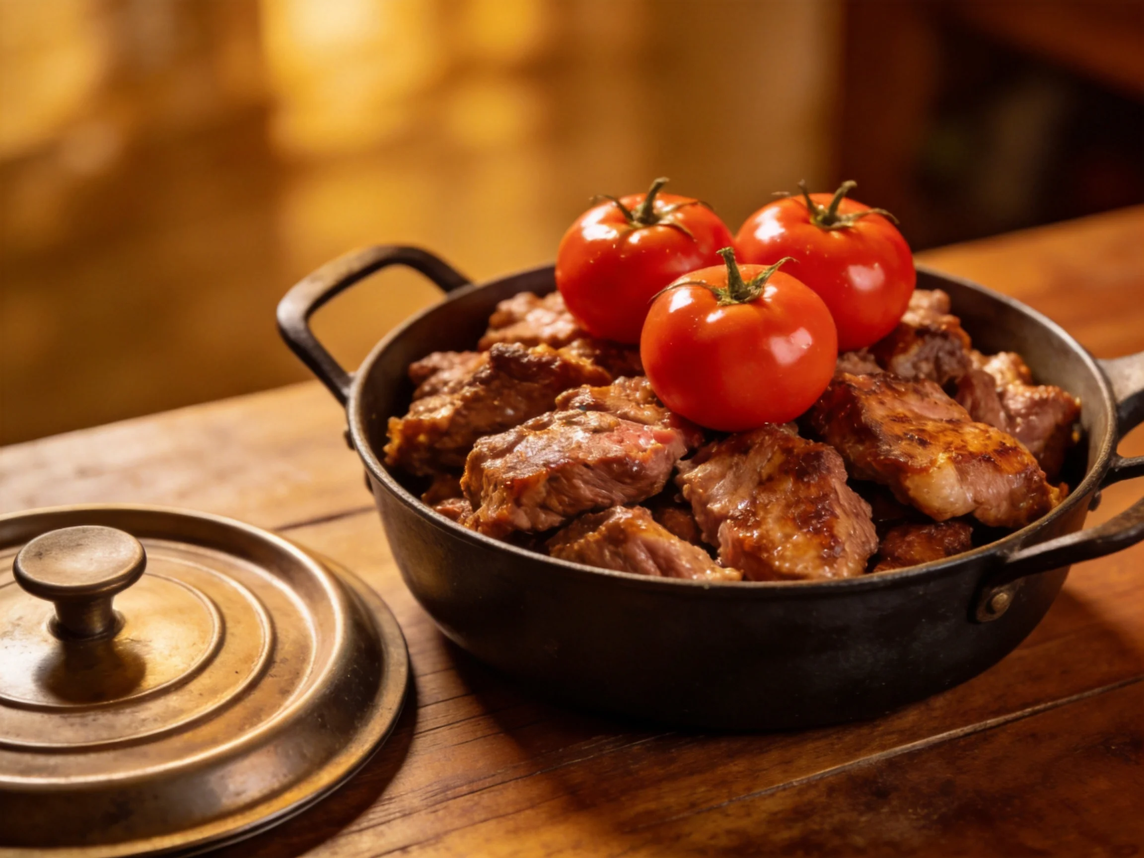 A cast iron pot holds browned meat with three red tomatoes atop