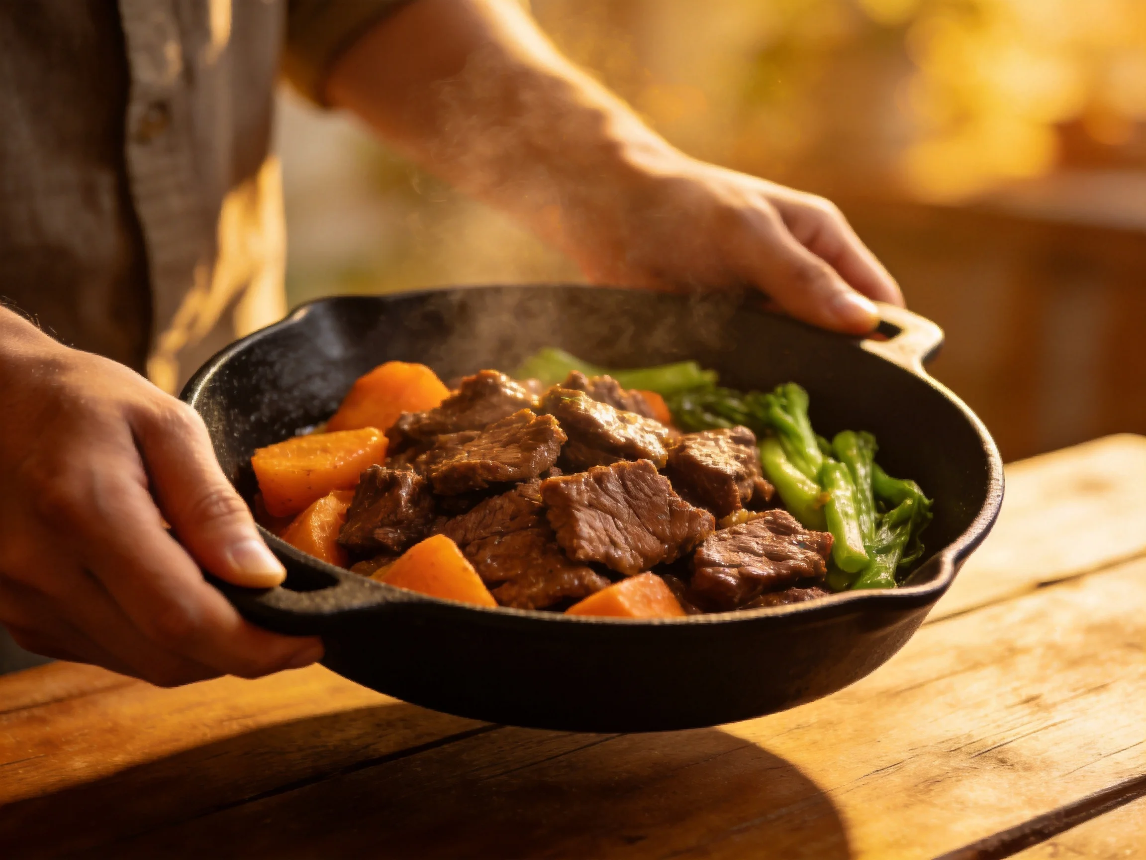 A cast iron skillet serves browned beef, orange carrots, and green vegetables