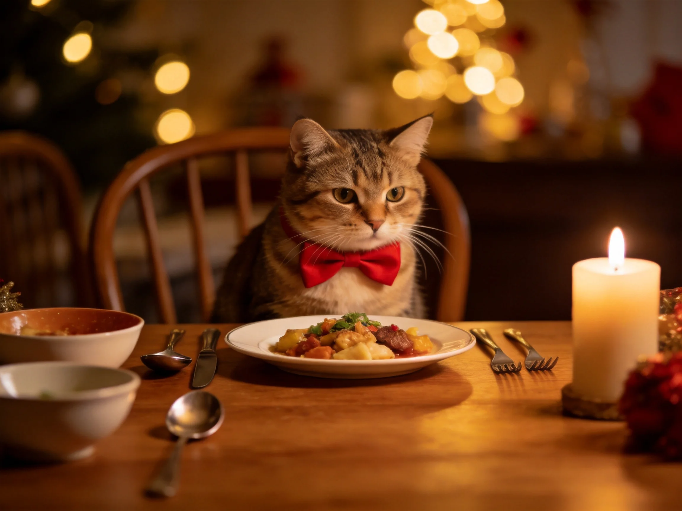 A cat in a red bowtie sits at a candlelit dinner table with food