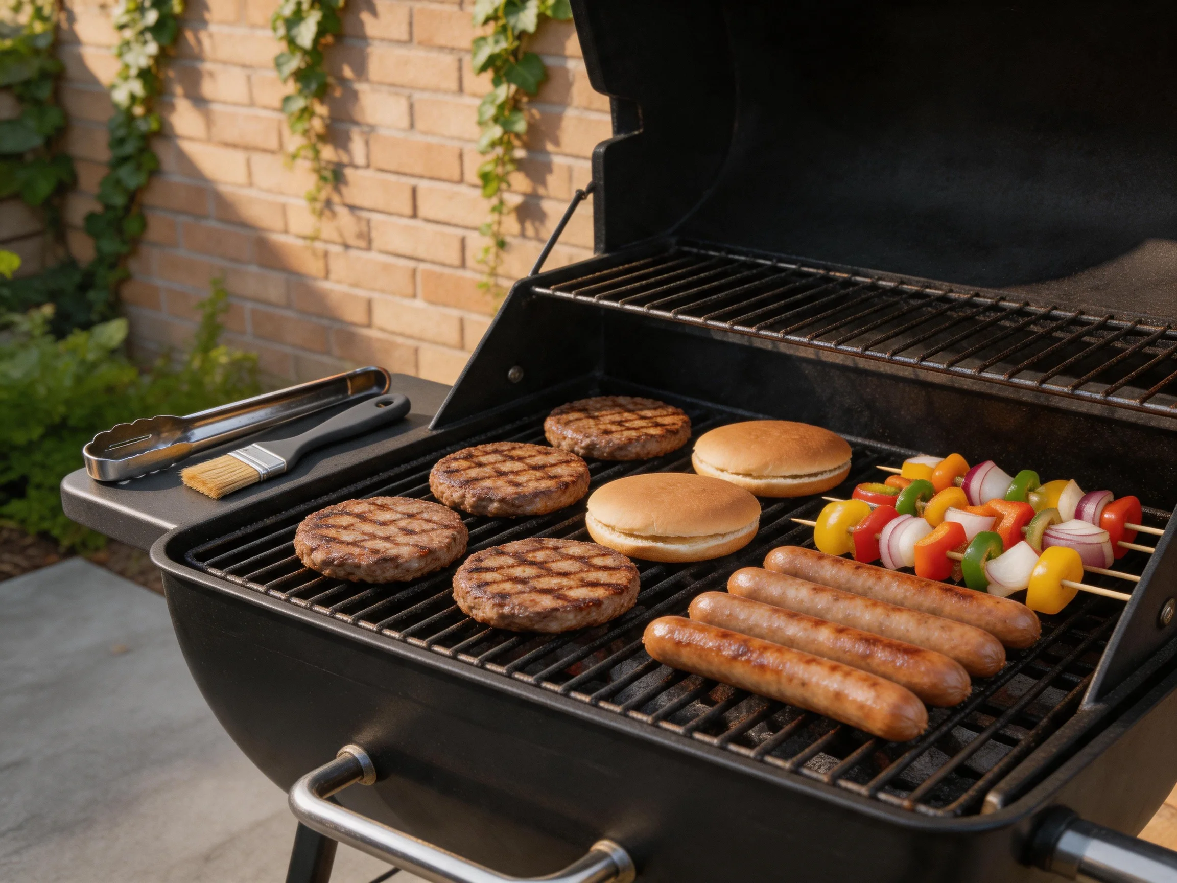 A charcoal grill cooking burgers, buns, sausages, and vegetable skewers outside